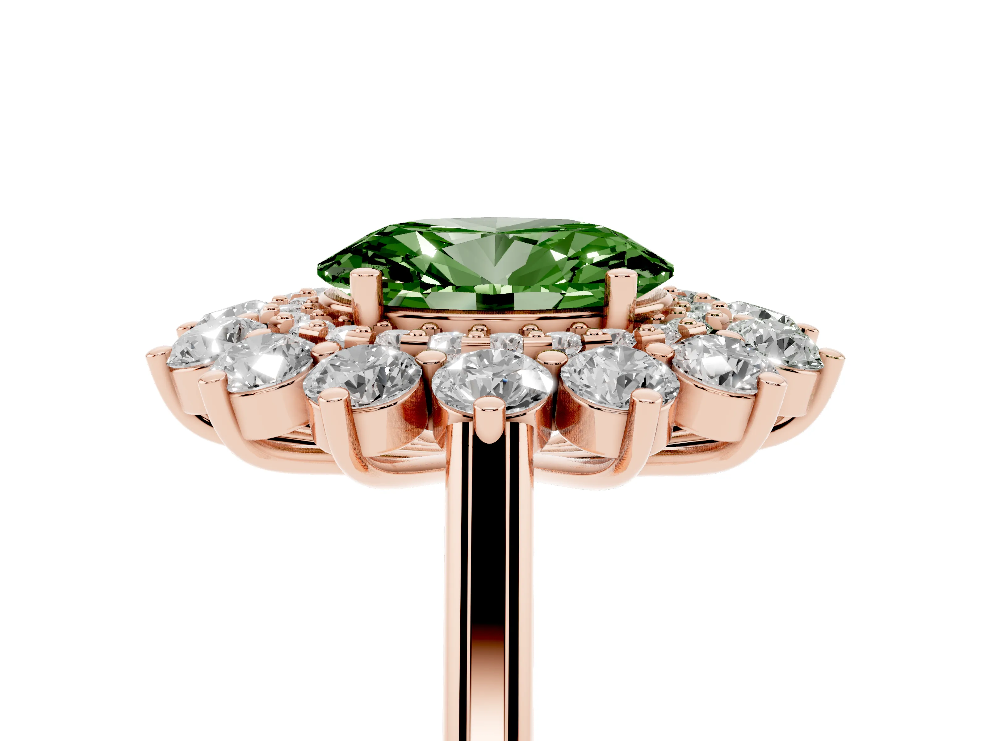 Fancy Green Oval Cut Diamond Floral Double Halo Ring Set in Rose gold with Round Petals