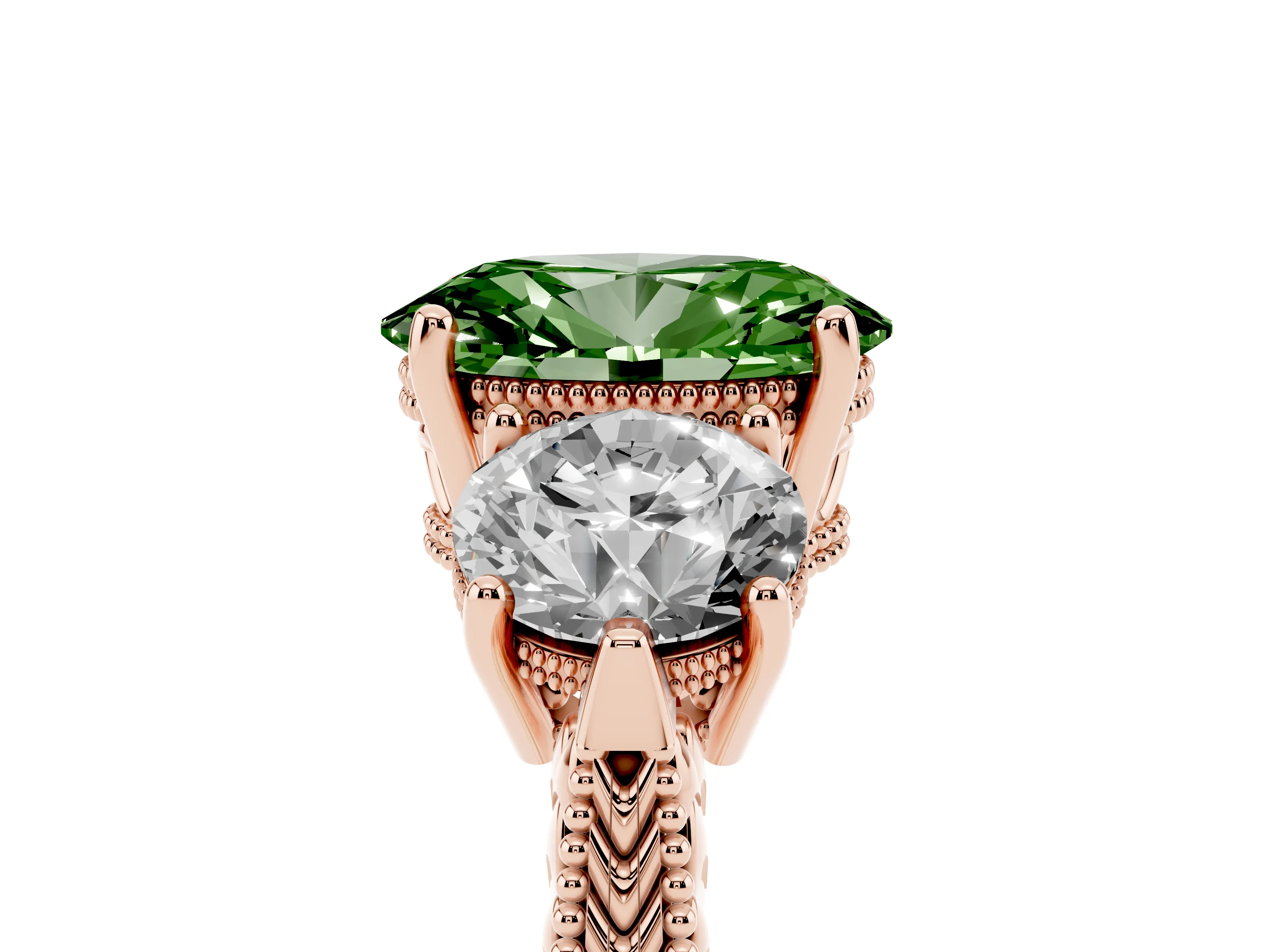 Fancy Green Oval Cut Diamond Three-Stone Ring Set in Rose gold with Milgrain Band
