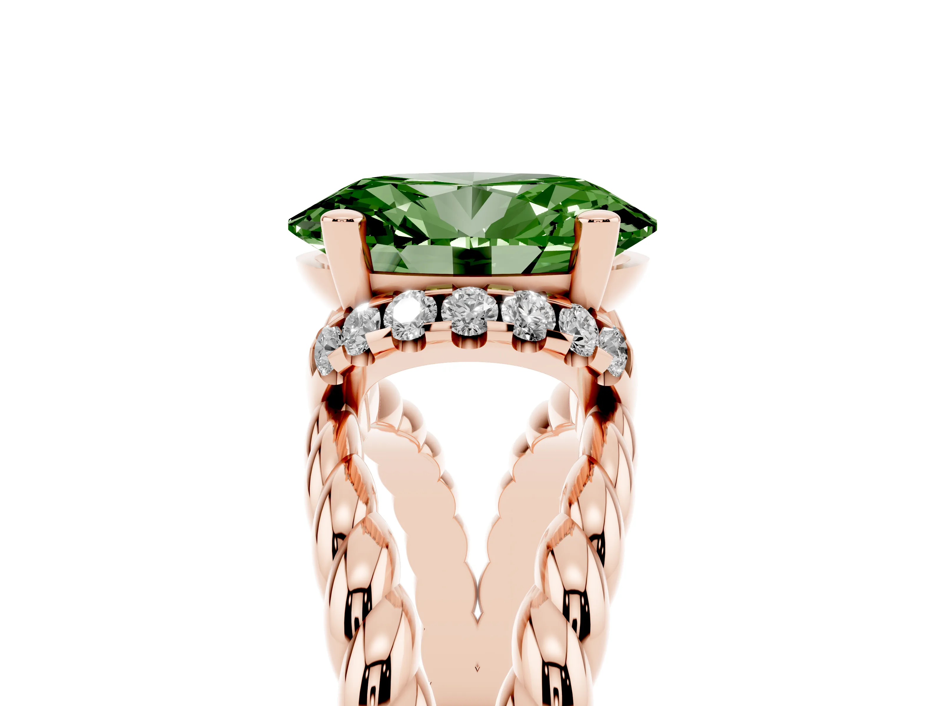 Fancy Green Oval Cut Diamond Halo Ring Set in Rose gold with Twisted Band and Prong Setting