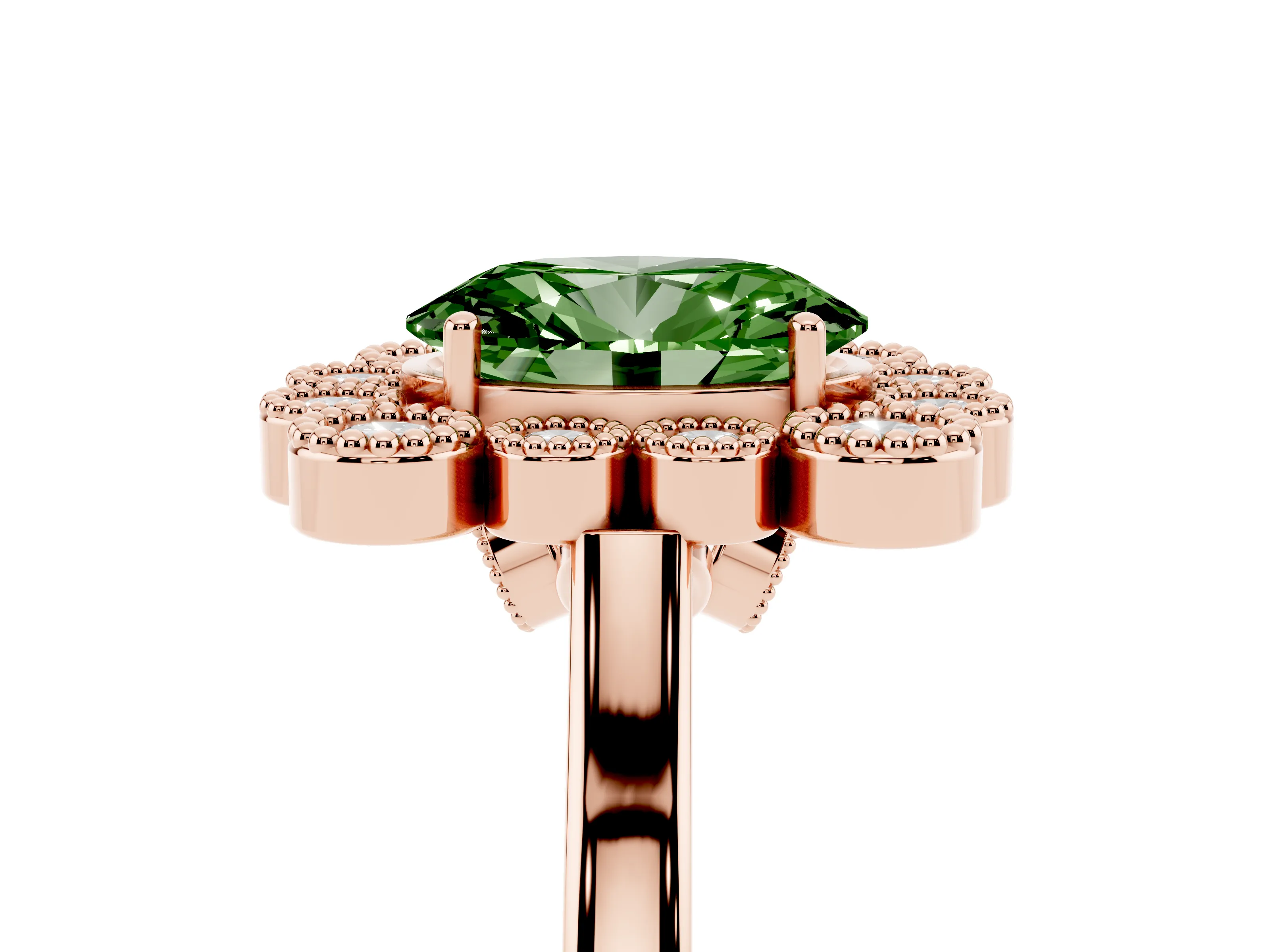Fancy Green Oval Cut Diamond Cluster Halo Ring Set in Rose gold with Milgrain Bezel Accents and Plain Band