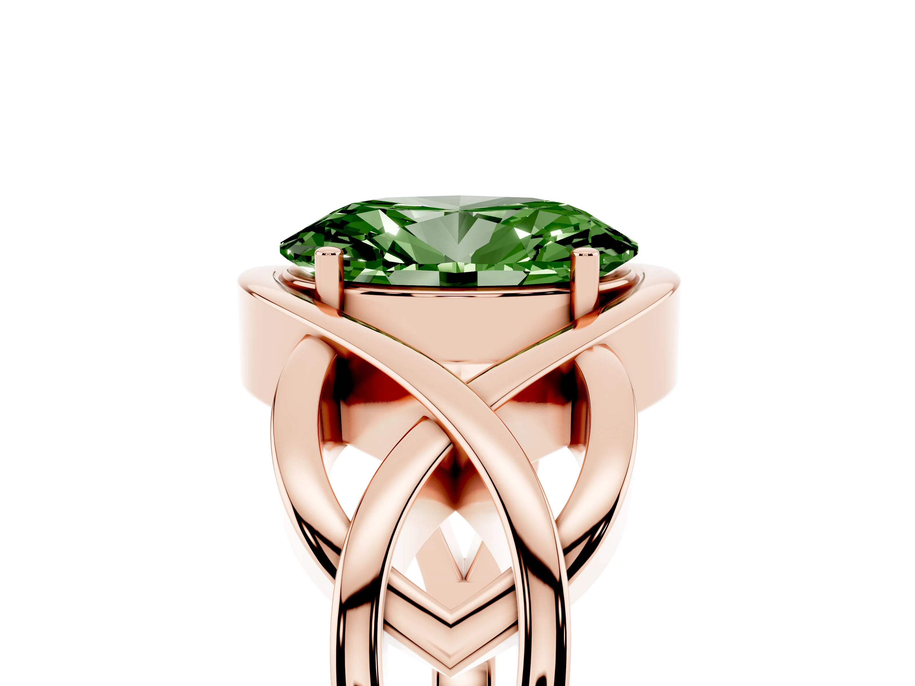 Fancy Green Oval Cut Diamond Solitaire Ring Set in Rose gold with Intertwined Band