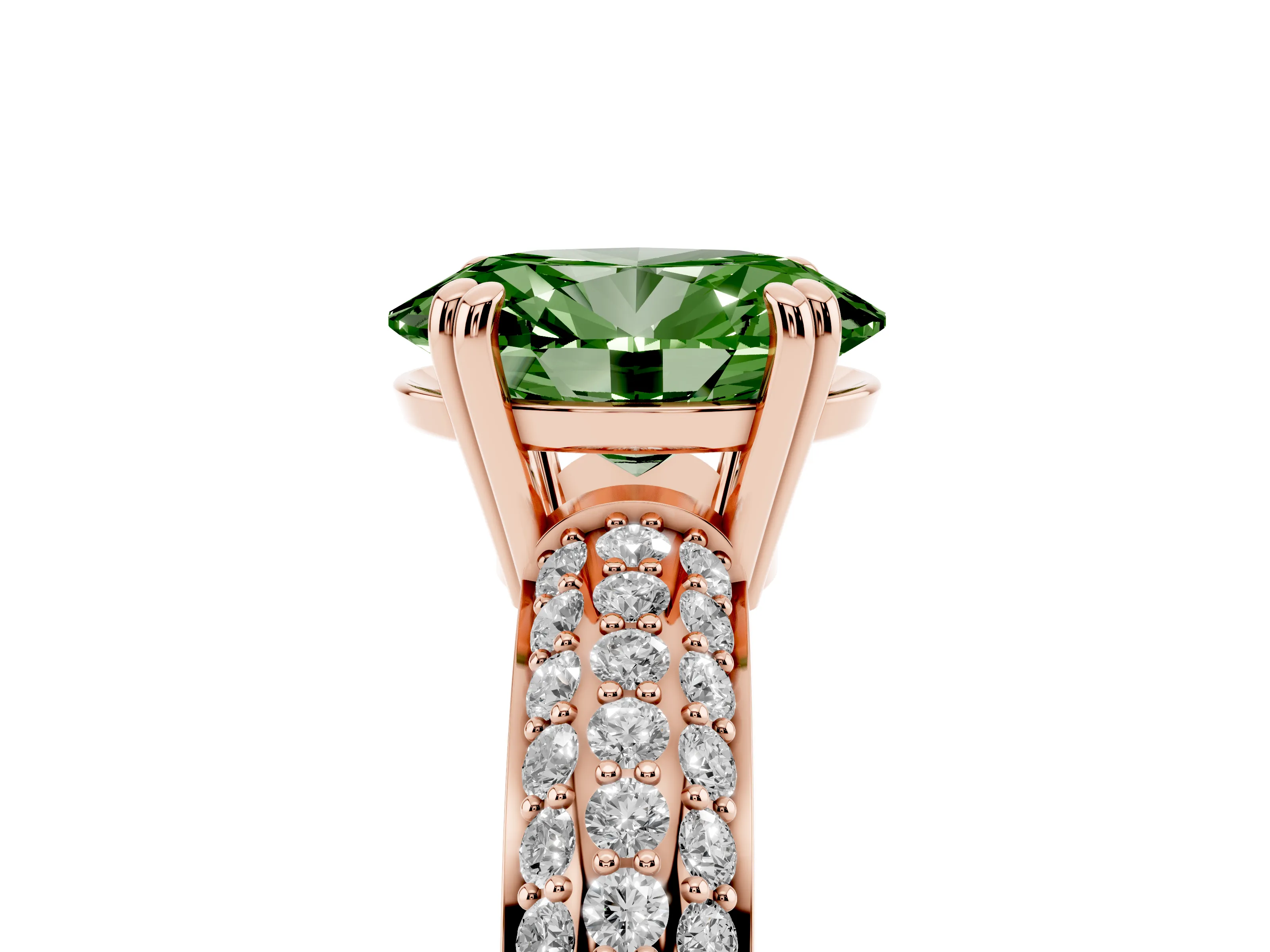 Fancy Green Oval Cut Diamond Solitaire Ring Set in Rose gold with Multi-Row Round Pavé Band and Prong Setting