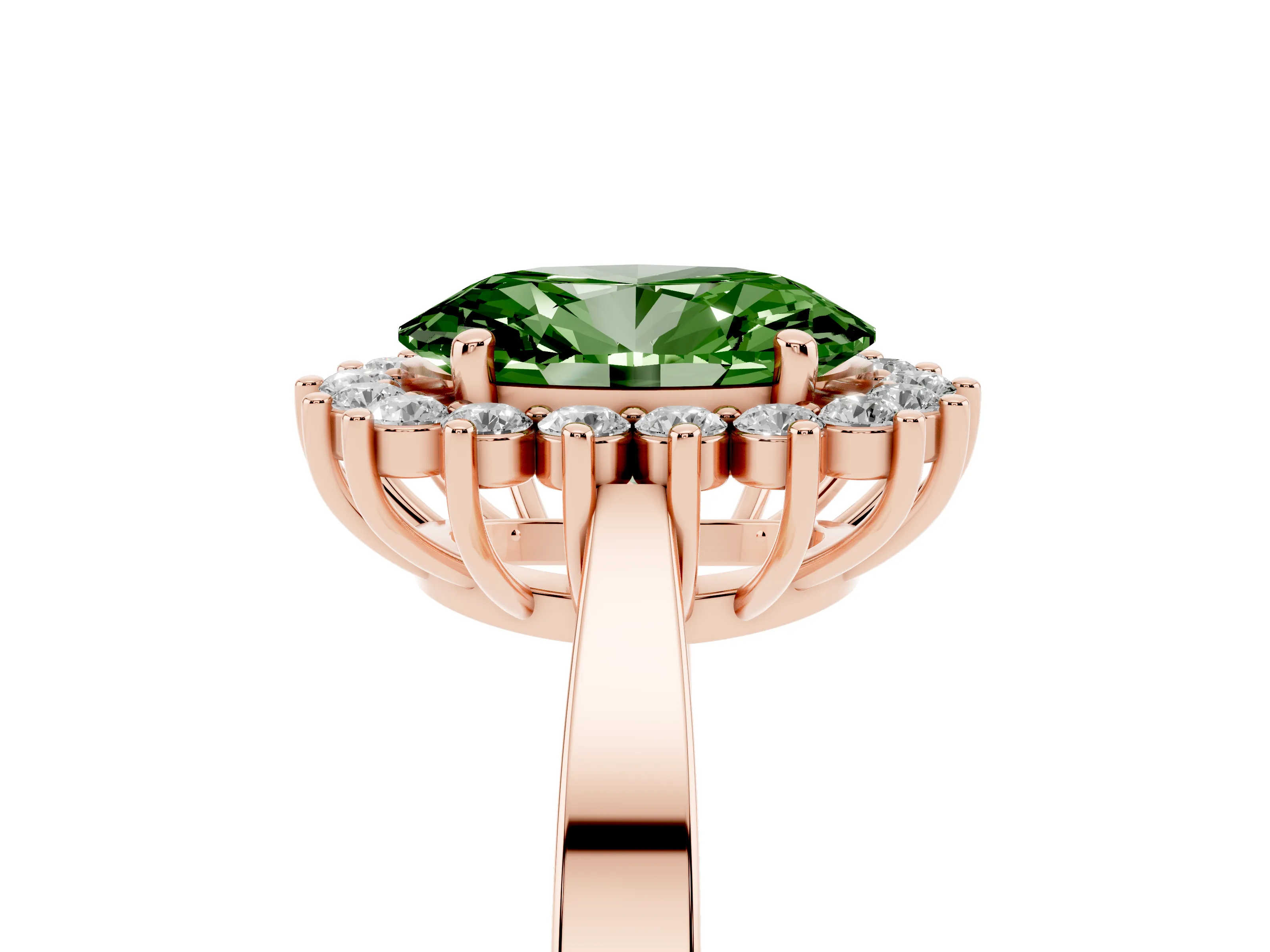 Fancy Green Oval Cut Diamond Halo Ring Set in Rose gold with Round Halo and Smooth Solitaire Band