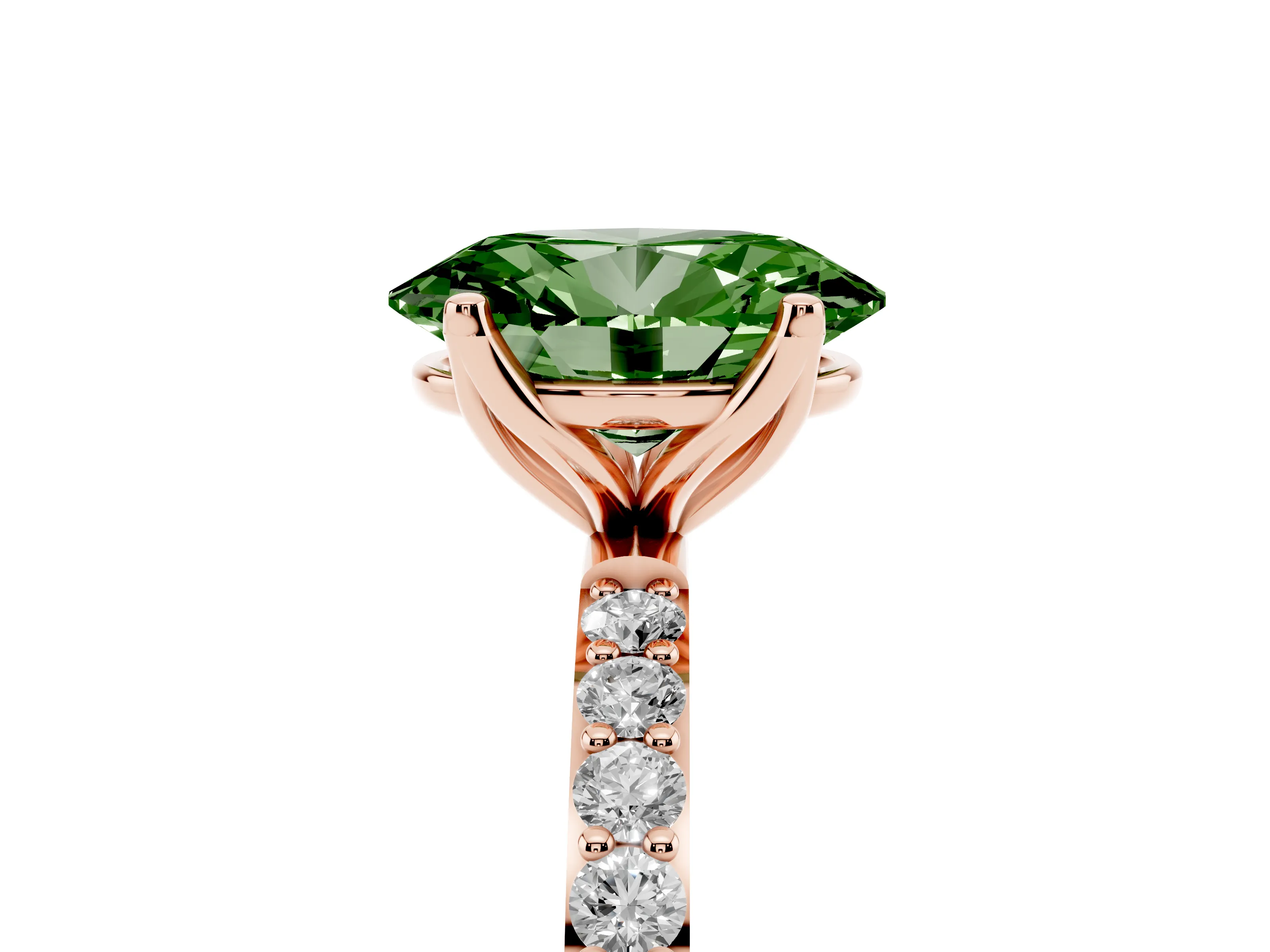Fancy Green Oval Cut Diamond Solitaire Engagement Ring Set in Rose gold with Round Pavé Band and Prong Setting