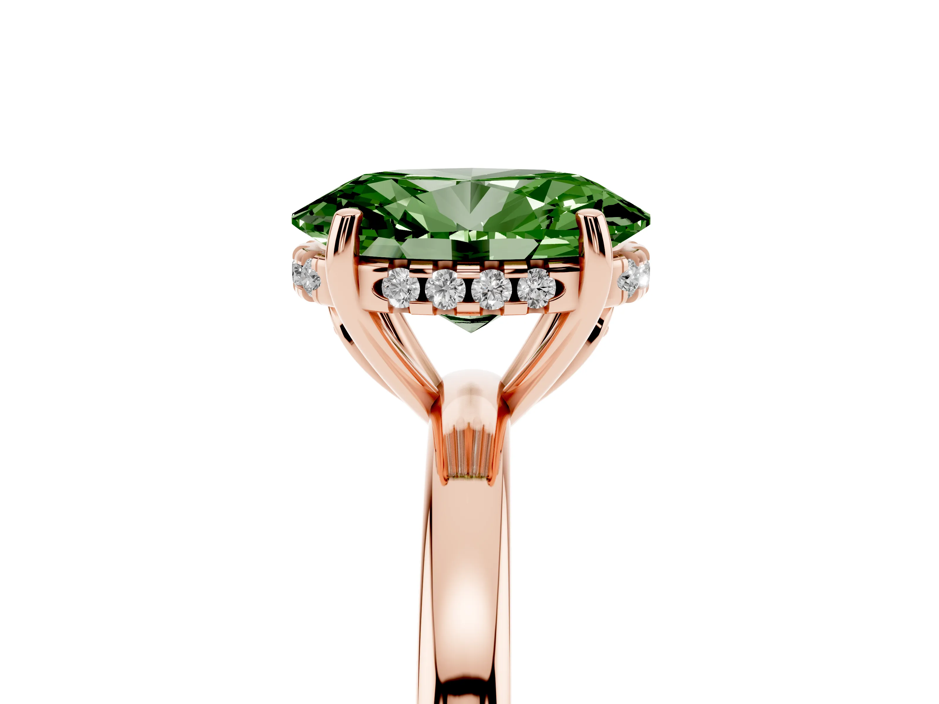 Fancy Green Oval Cut Diamond Solitaire Ring Set in Rose gold with Plain Band and Prong Setting
