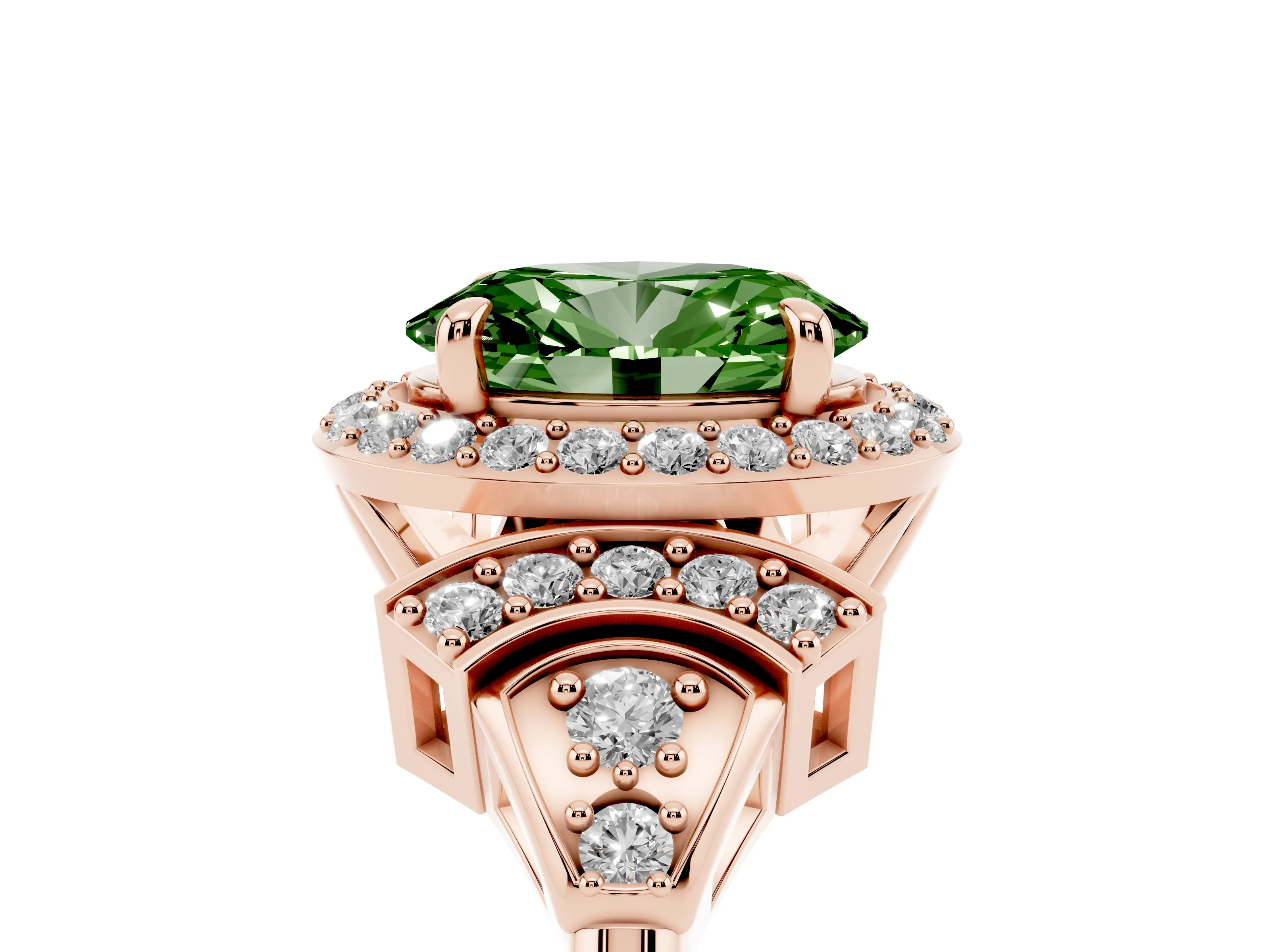 Fancy Green Oval Cut Diamond Halo Engagement Ring Set in Rose gold with Accent Stone Split Shank