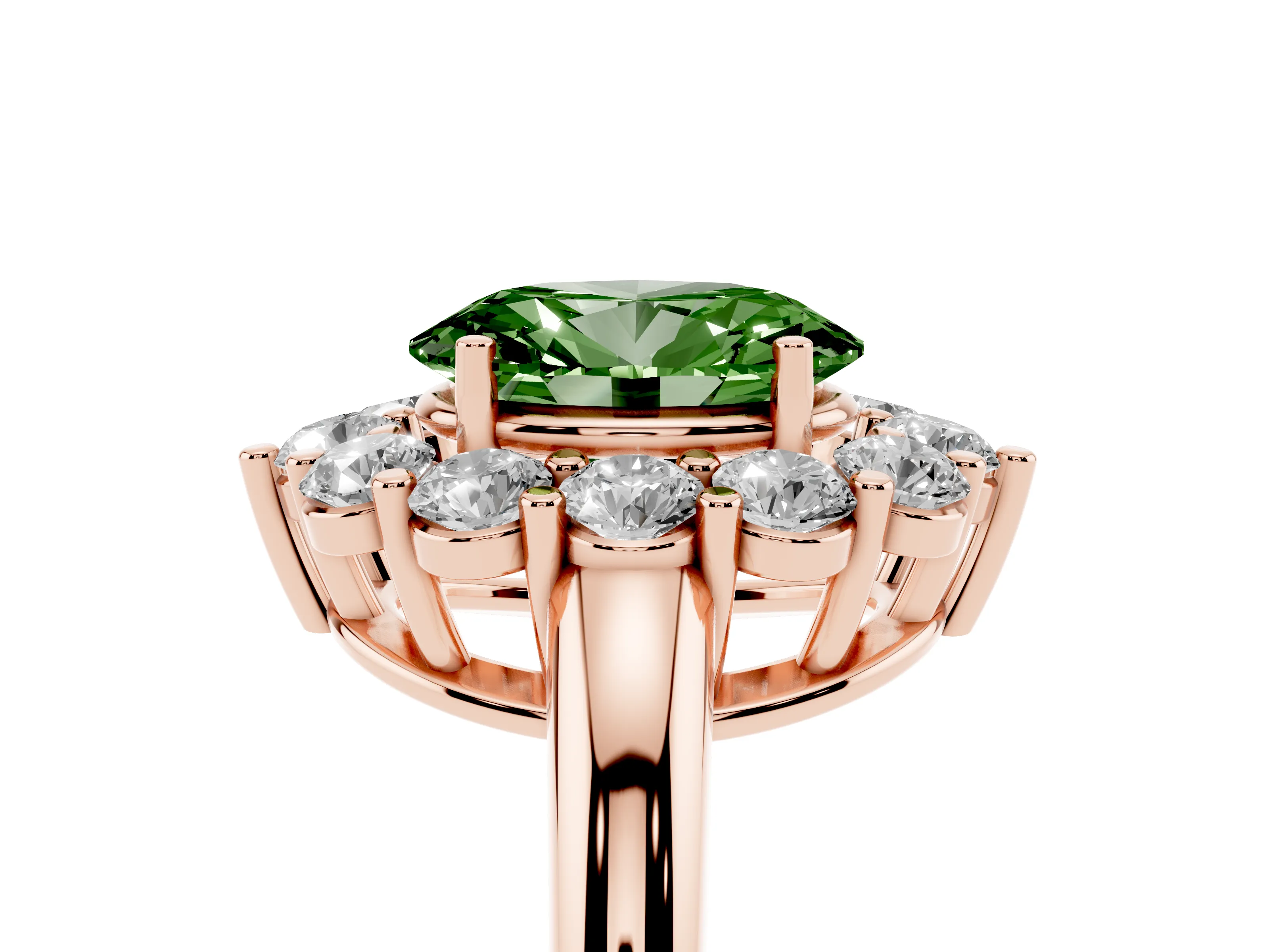 Fancy Green Oval Cut Diamond Halo Cluster Engagement Ring Set in Rose gold with Polished Band and Prong Setting
