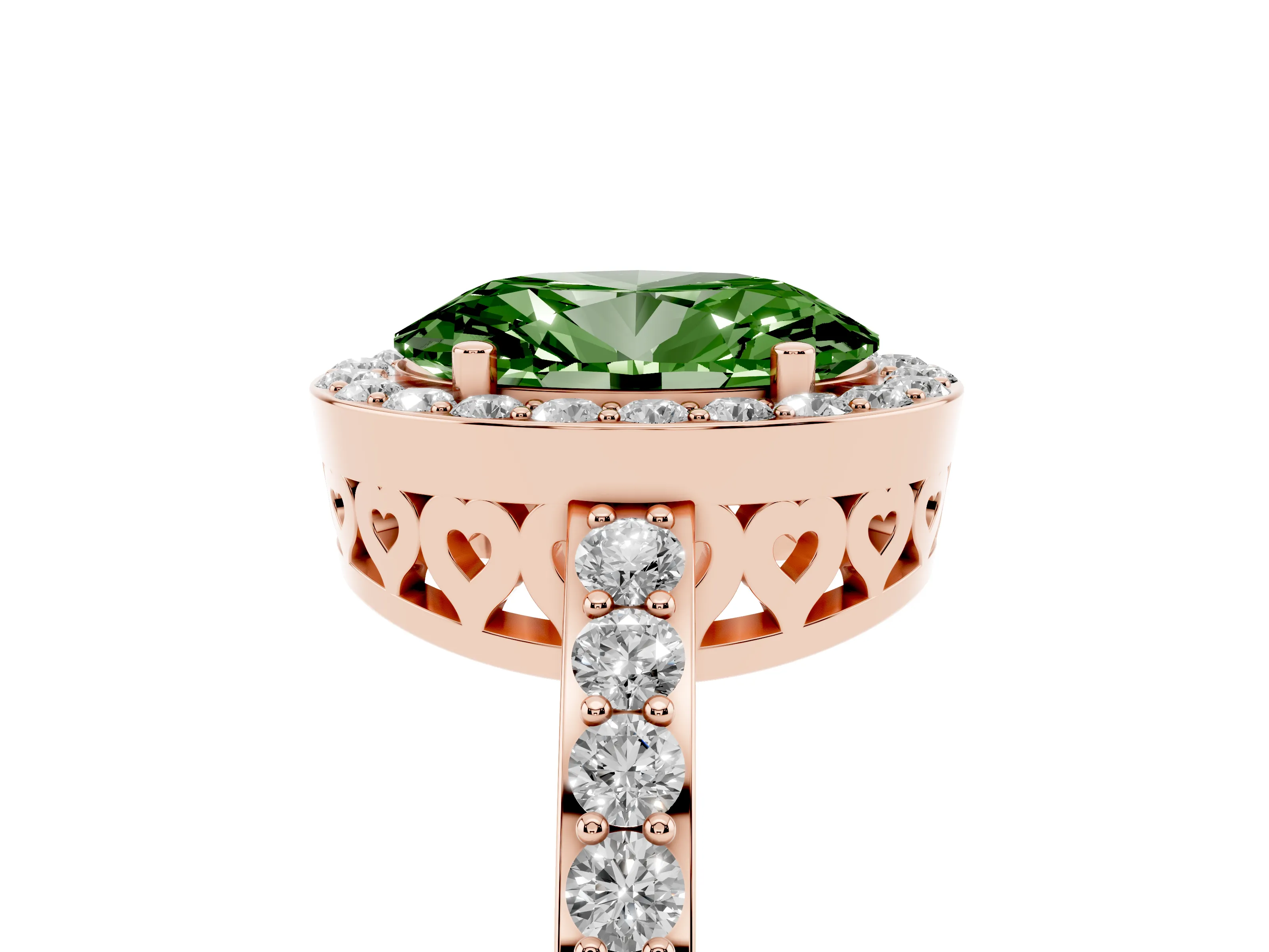 Fancy Green Oval Cut Diamond Halo Ring Set in Rose gold with Pavé-Setting Band and Open Prong Center