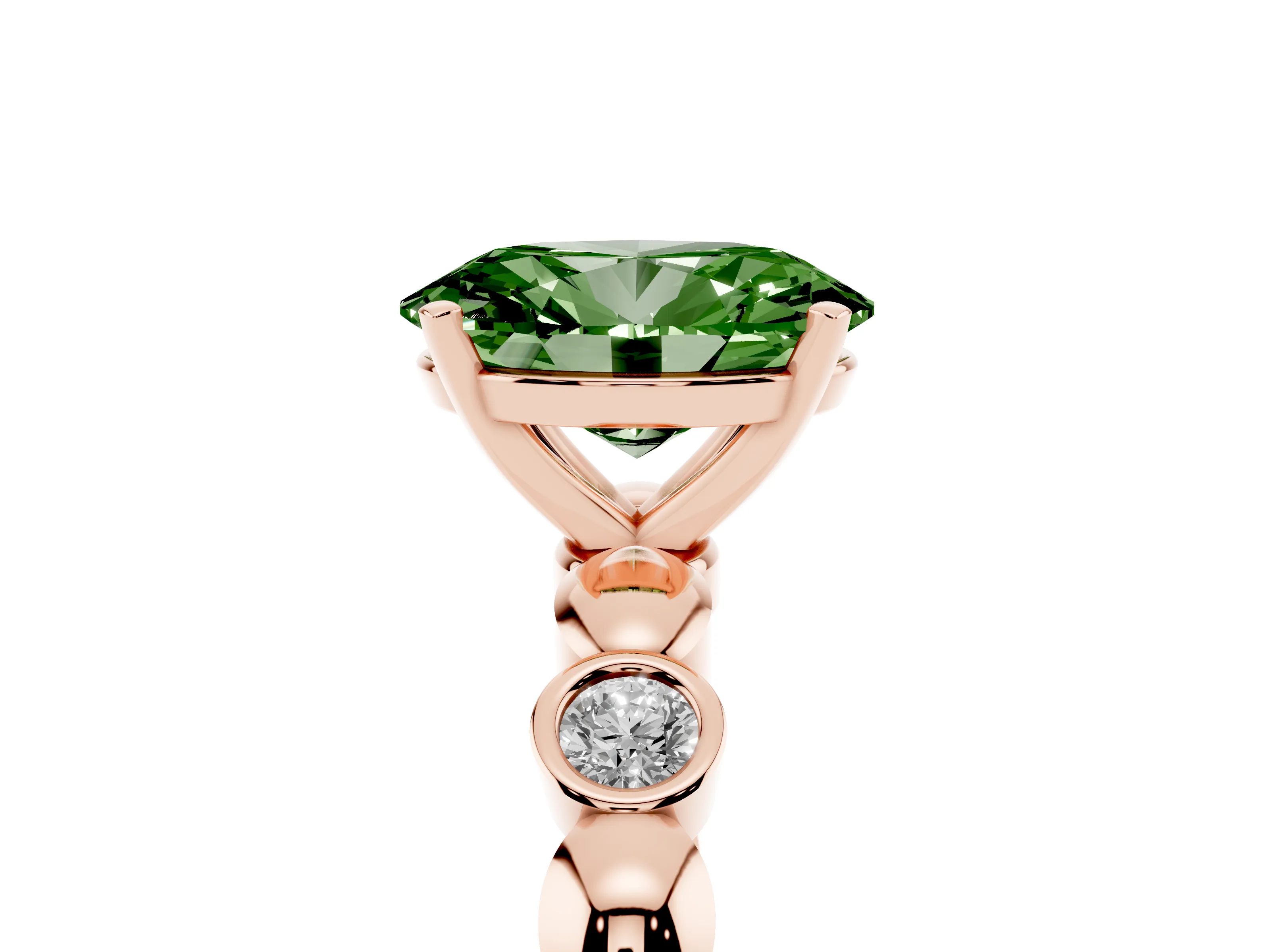 Fancy Green Oval Cut Diamond Solitaire Ring Set in Rose gold with Bezel-Set Accents on Beaded Band and Prong Setting