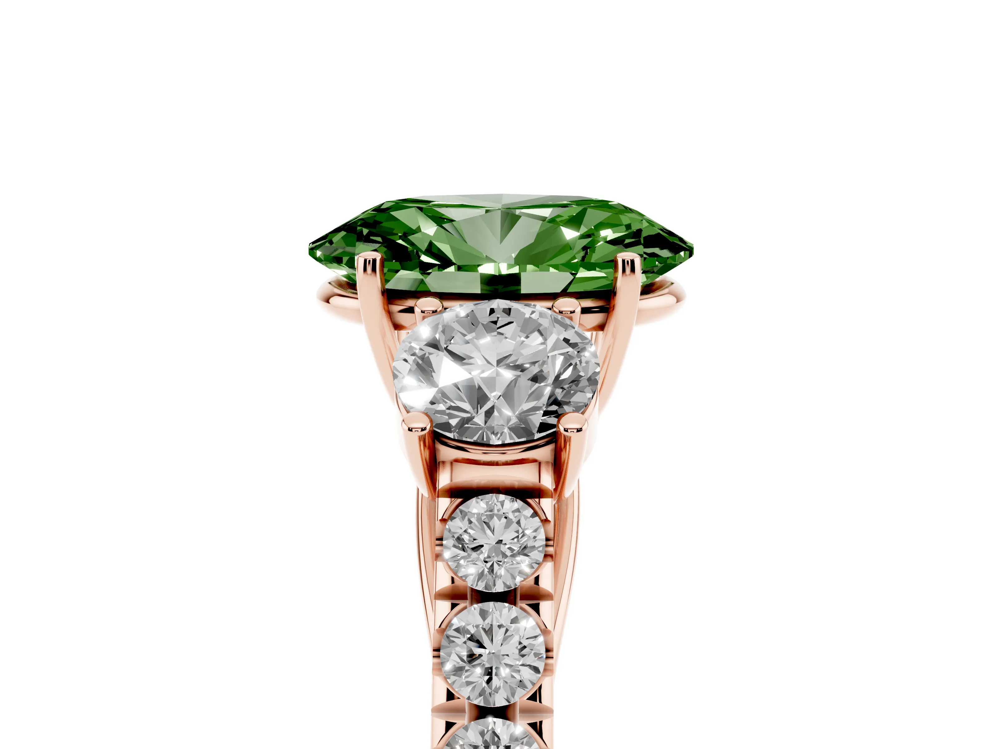 Fancy Green Oval Cut Diamond Three-Stone Ring Set in Rose gold with Round Side Stones and Delicate Pavé Band