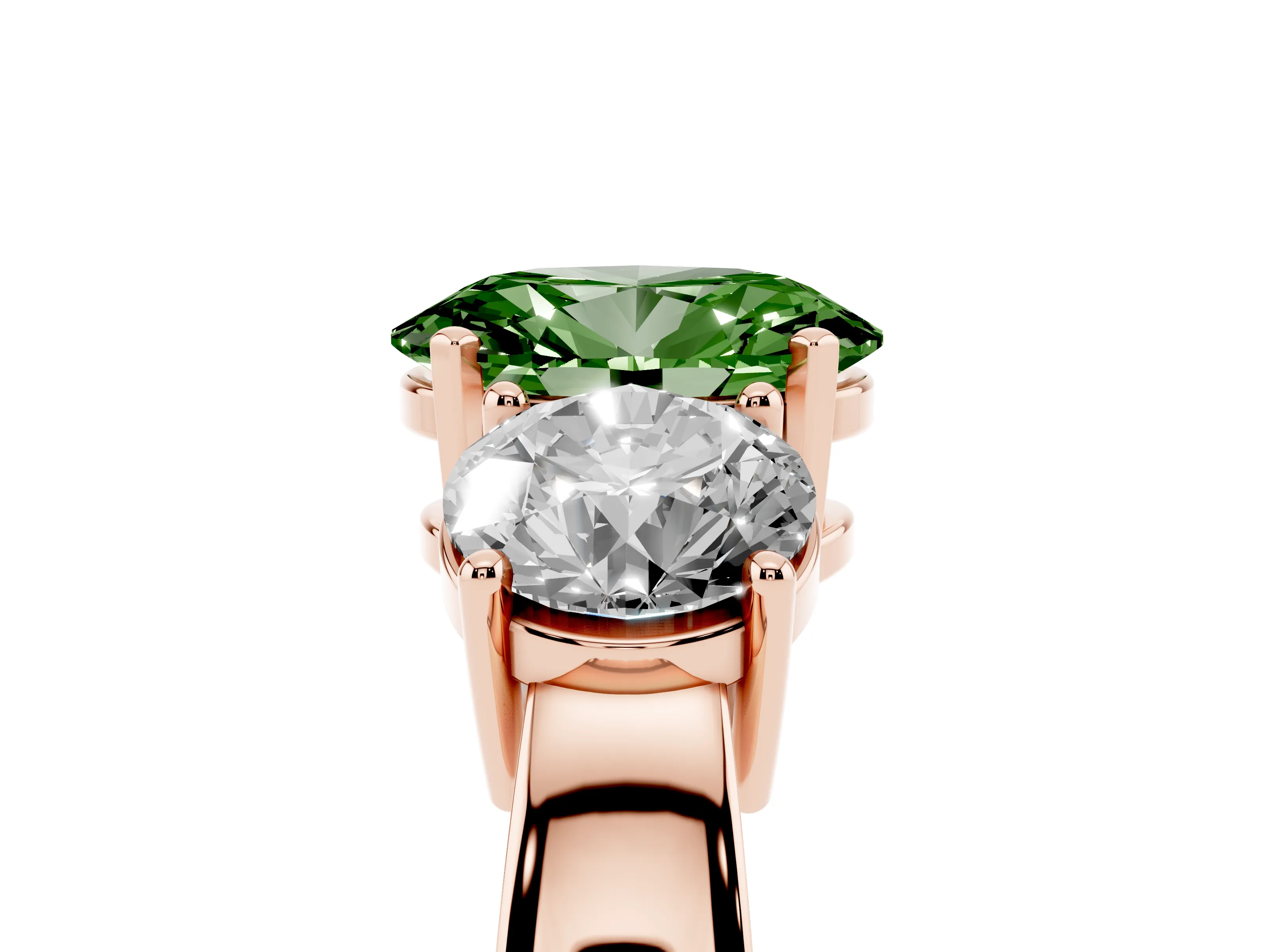 Fancy Green Oval Cut Diamond Three-Stone Ring Set in Rose gold with Round Side Stones and Classic Band
