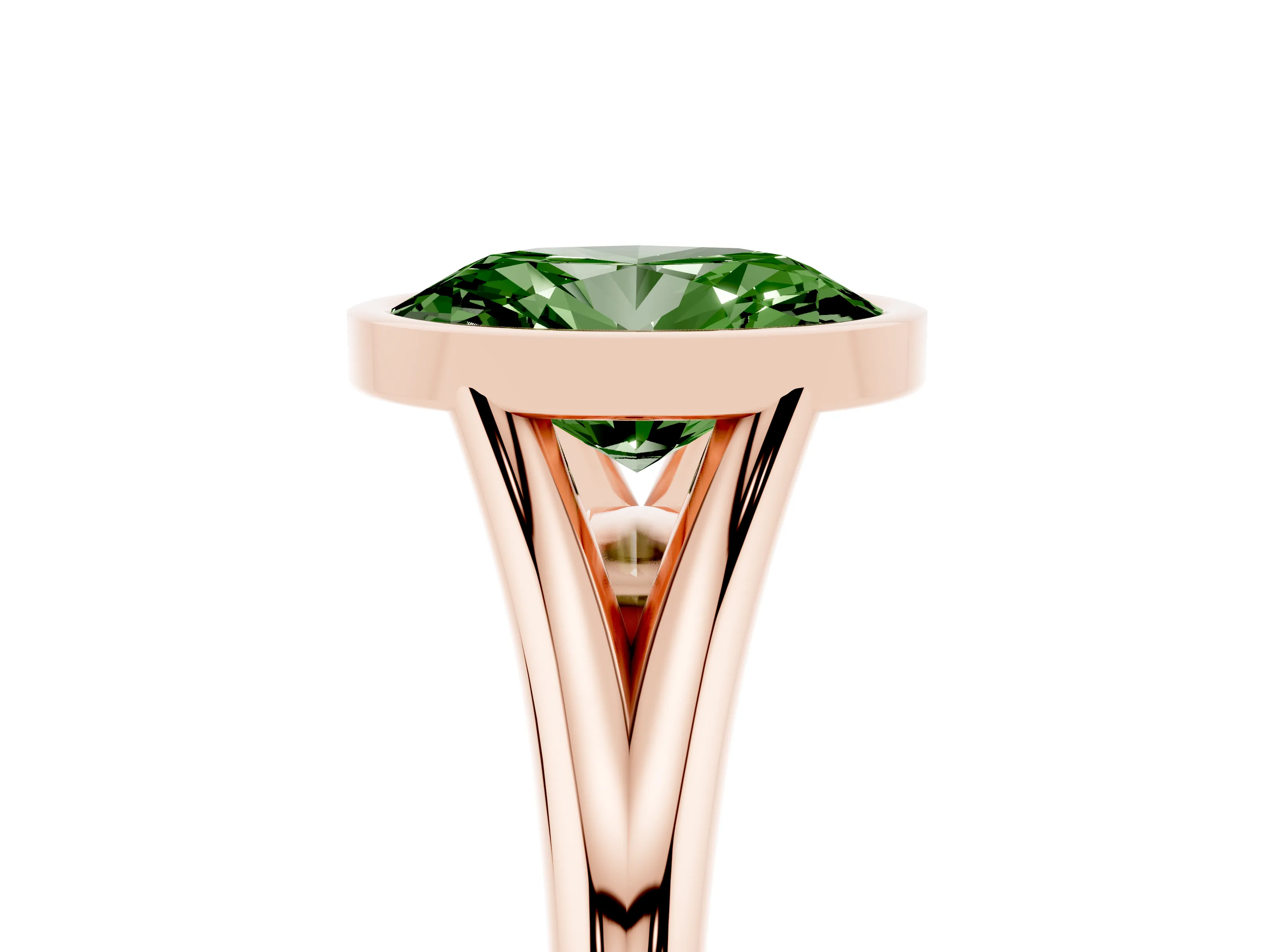 Fancy Green Bezel Set Oval Cut Diamond Solitaire Ring Set in Rose gold with Tapered Band
