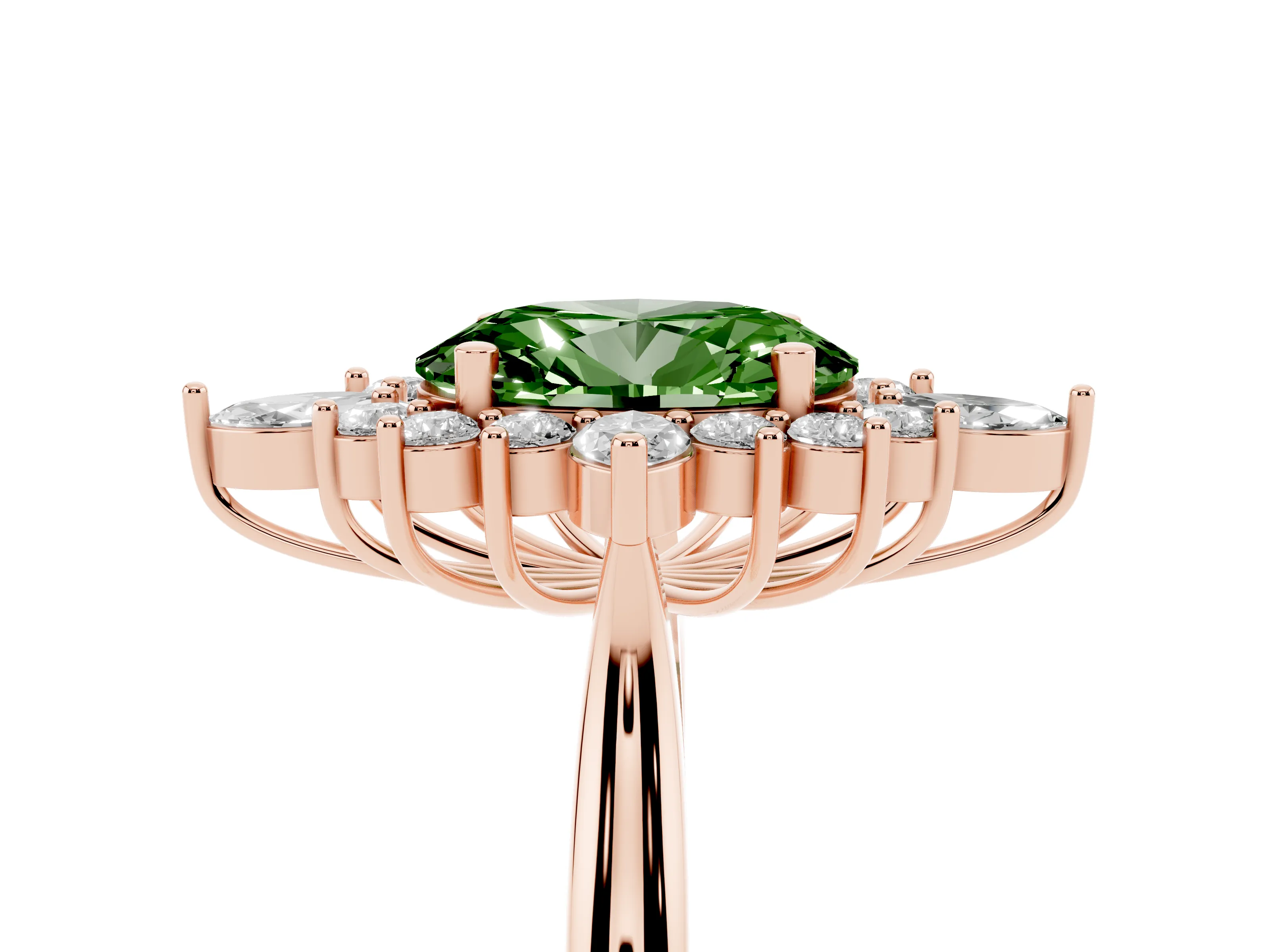 Fancy Green Oval Cut Diamond Cluster Halo Ring Set in Rose gold with Marquise and Round Accents