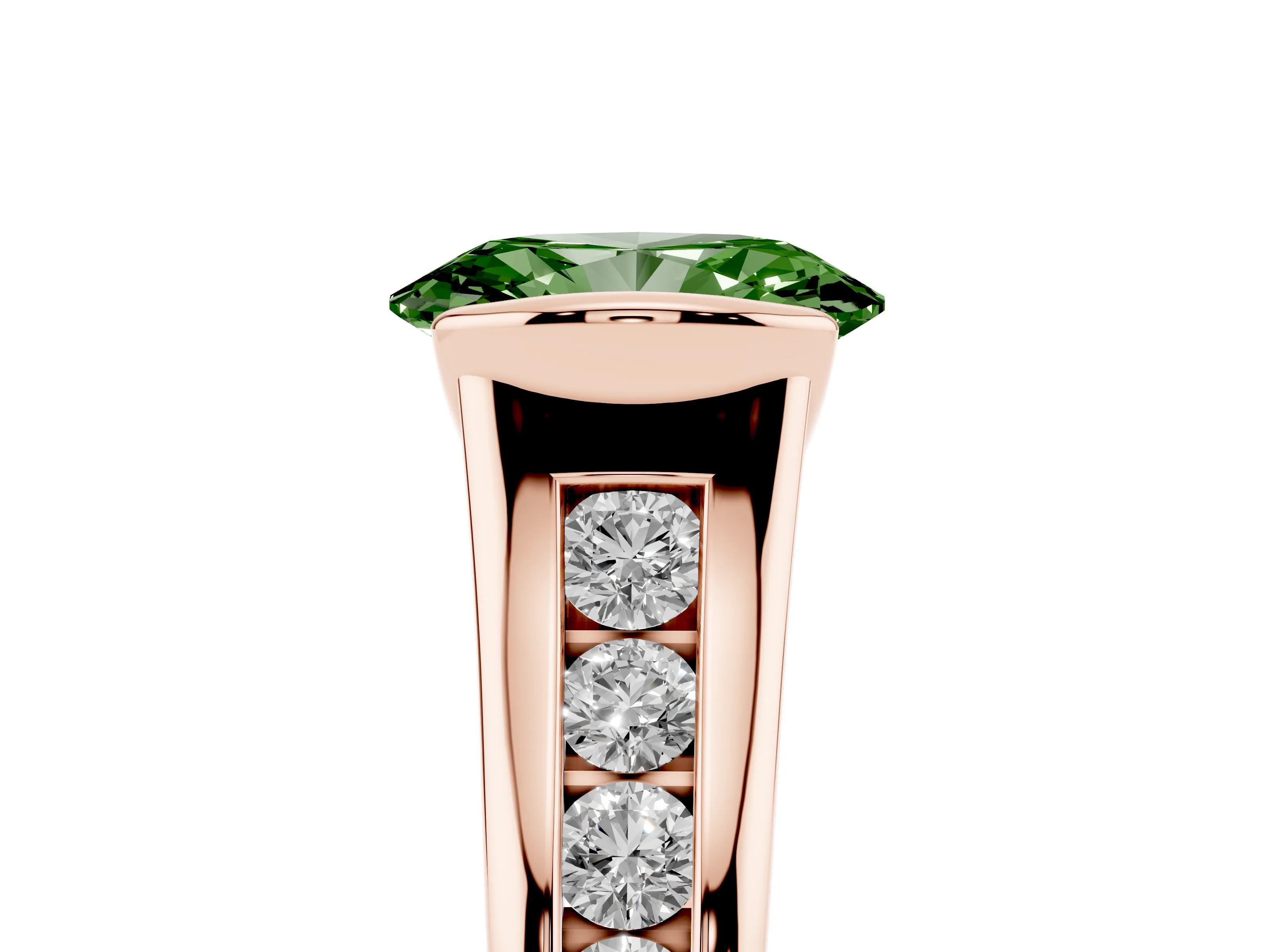 Fancy Green Oval Cut Diamond Bezel-Set Solitaire Ring Set in Rose gold with Channel-Set Band