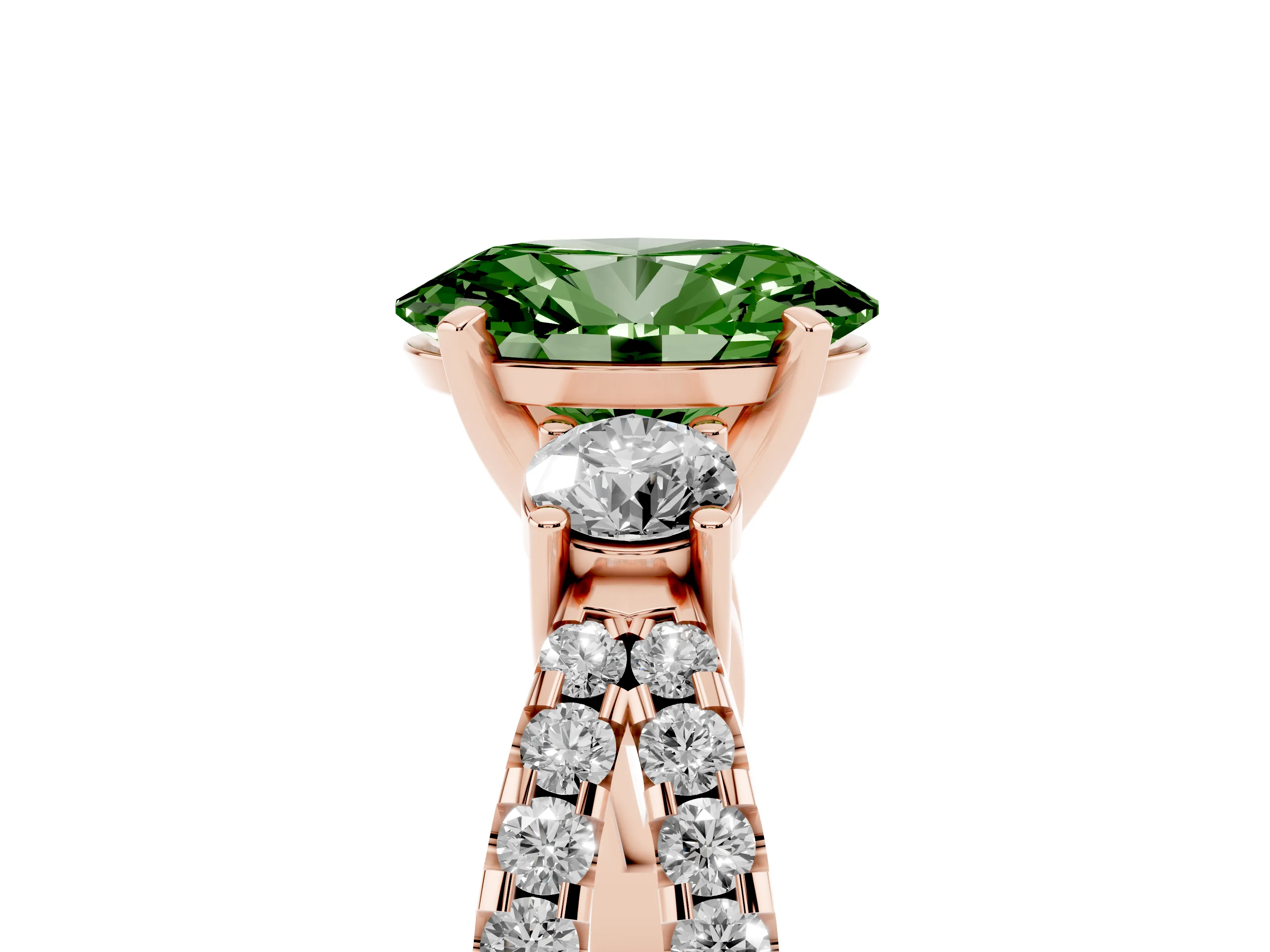 Fancy Green Oval Cut Diamond Three-Stone Ring Set in Rose gold with Pavé Split Shank and Prong Setting
