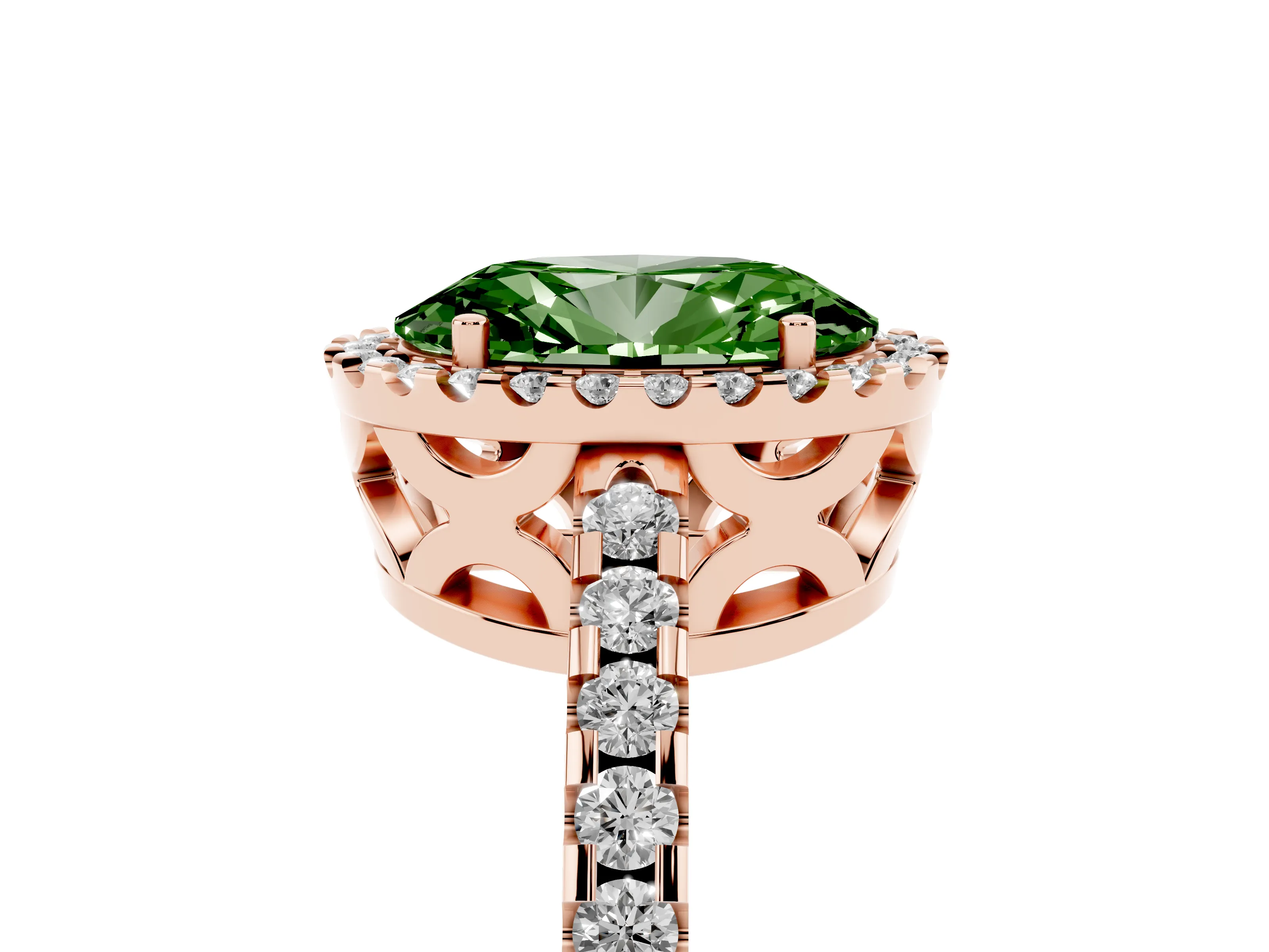 Fancy Green Oval Cut Diamond Halo Ring Set in Rose gold with Pavé Shoulders and Halo-Framed Center