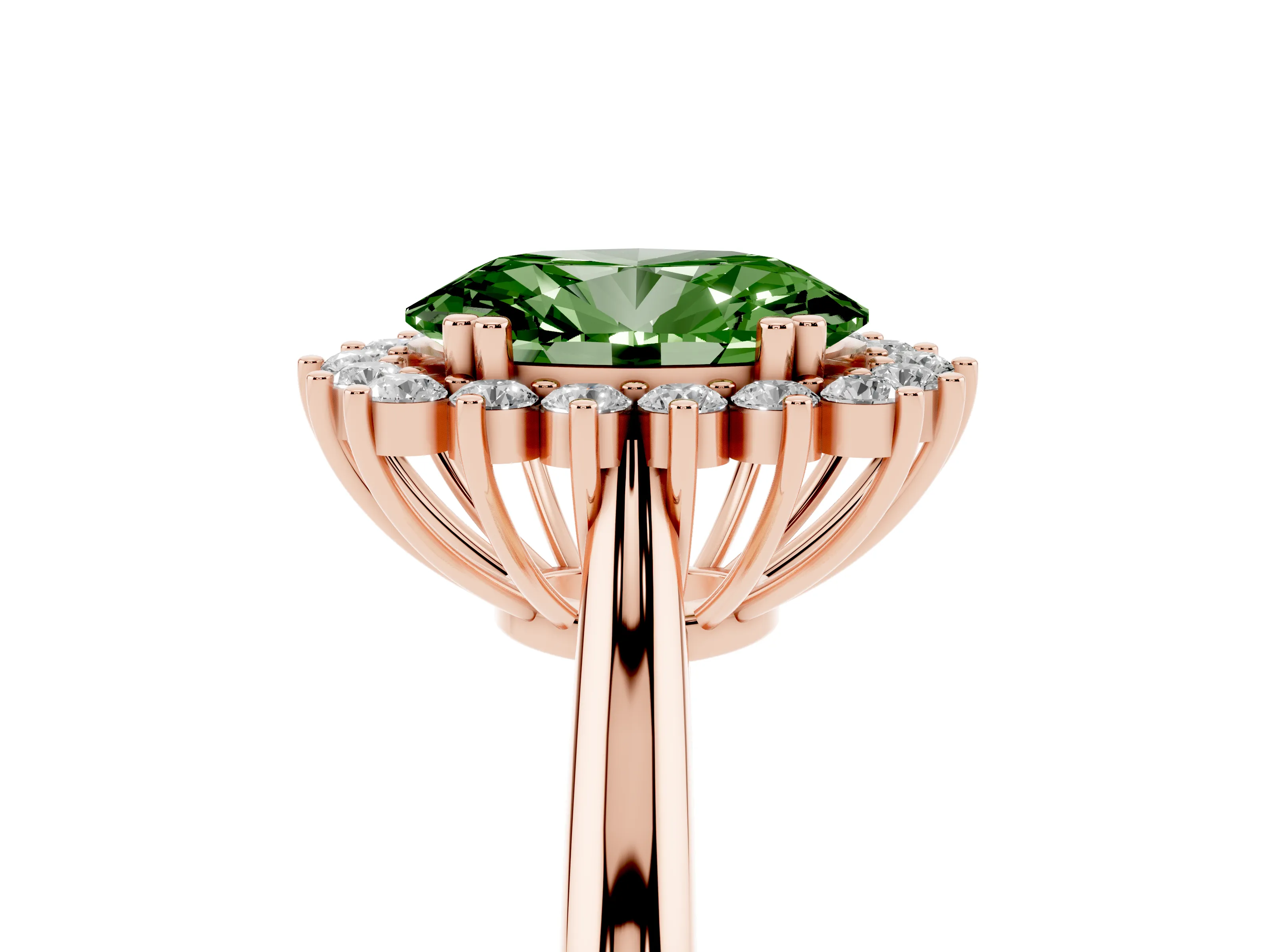 Fancy Green Oval Cut Diamond Halo Ring Set in Rose gold with Plain Solitaire Band and Prong Setting