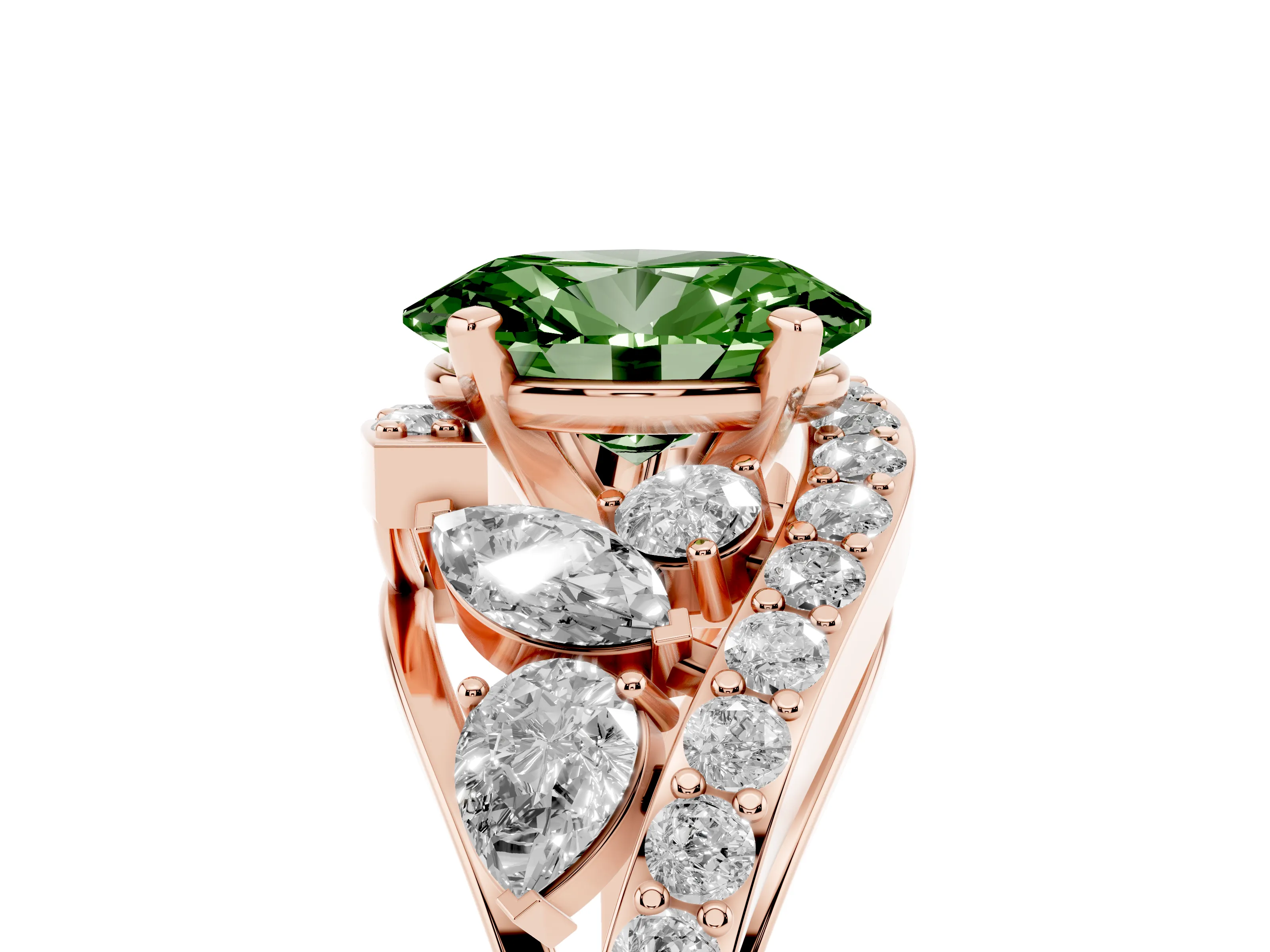 Fancy Green Oval Cut Diamond Halo Ring Set in Rose gold with Marquise and Pavé Band in Prong Setting