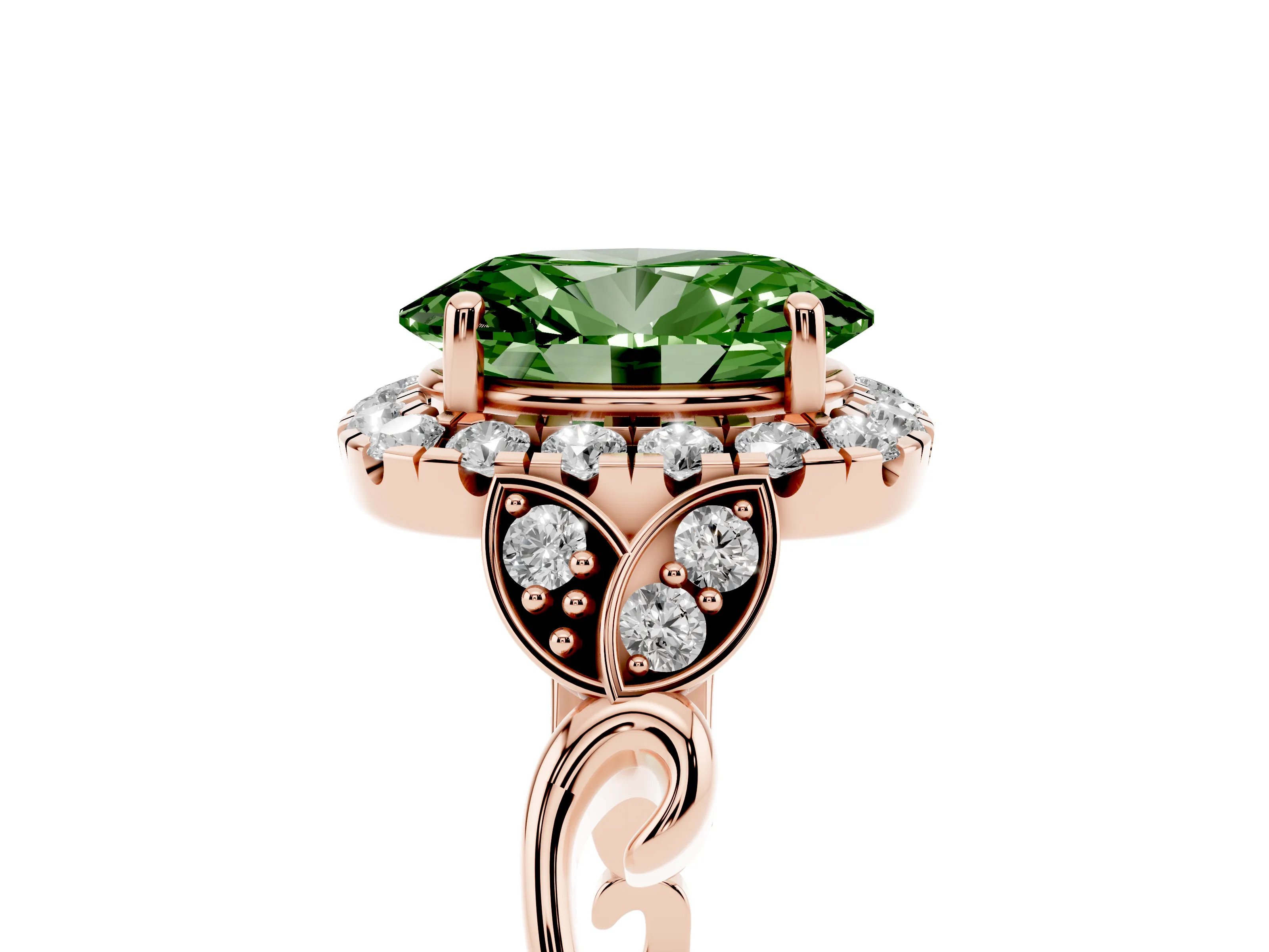 Fancy Green Oval Cut Diamond Halo Engagement Ring Set in Rose gold with Vintage-Inspired Band and Prong Setting