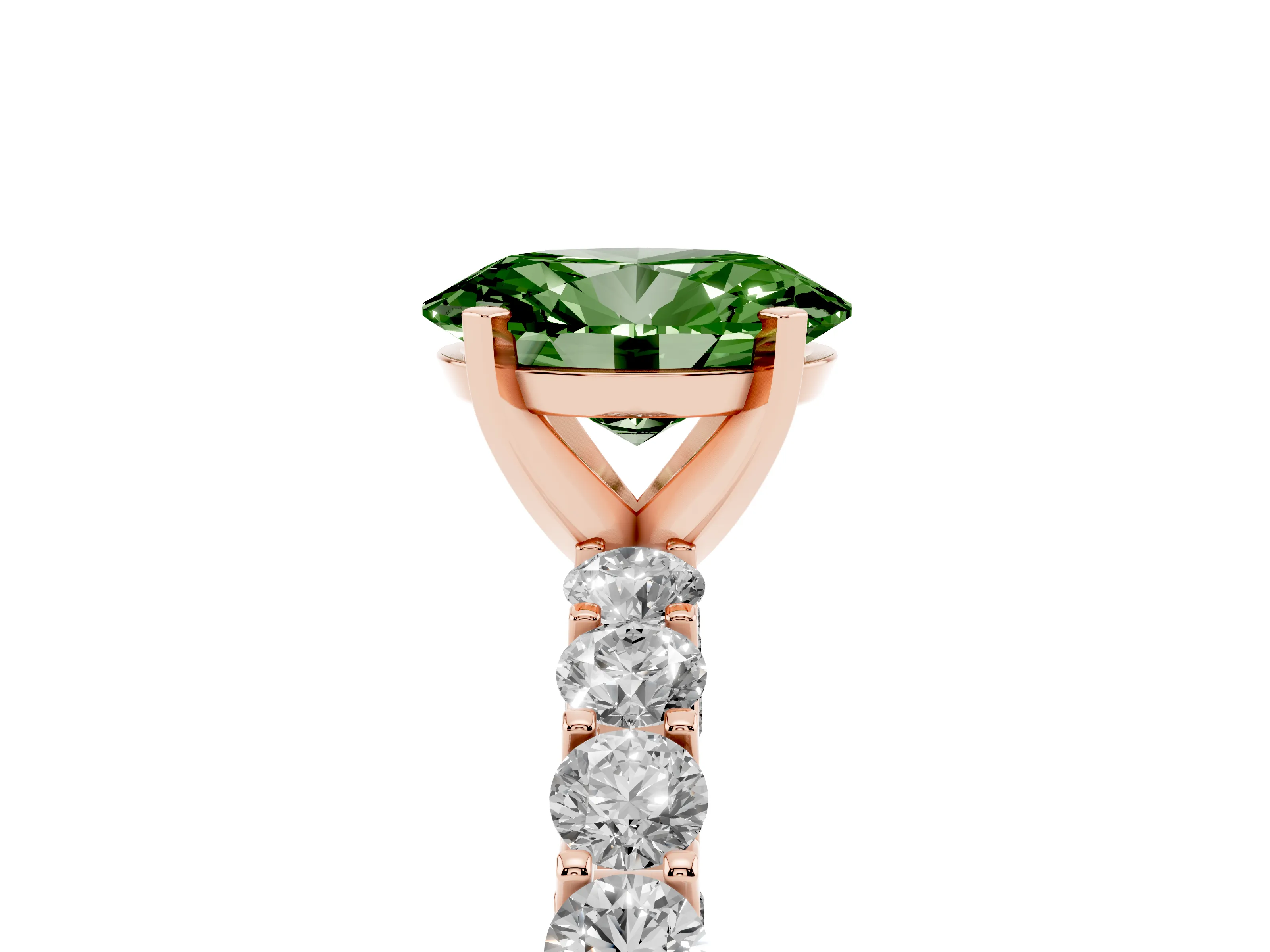 Fancy Green Oval Cut Diamond Solitaire Ring Set in Rose gold with Shared Prong Pavé Band