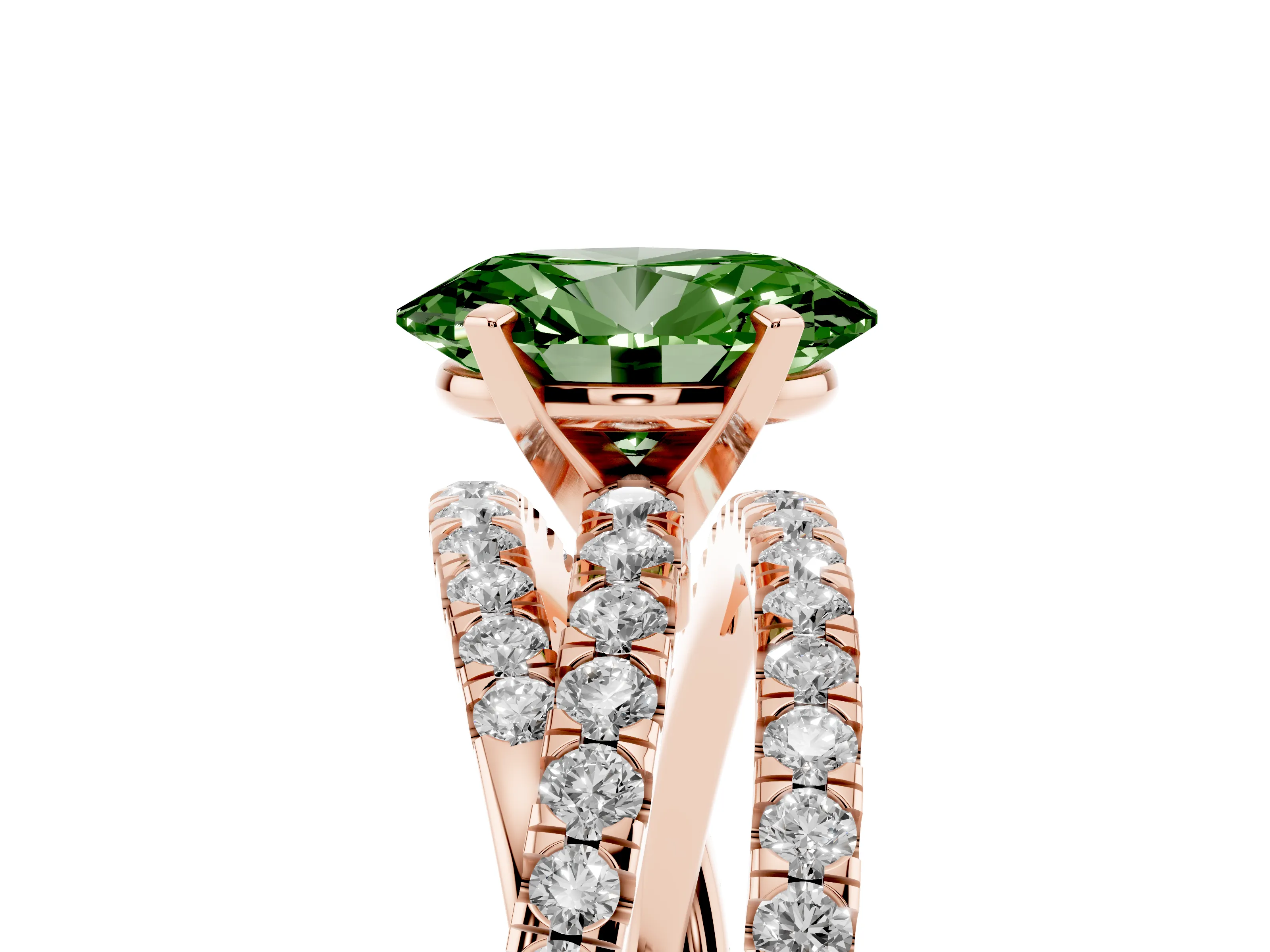 Fancy Green Oval Cut Diamond Solitaire Twist Band Ring Set in Rose gold with Pavé Setting and Prong Head