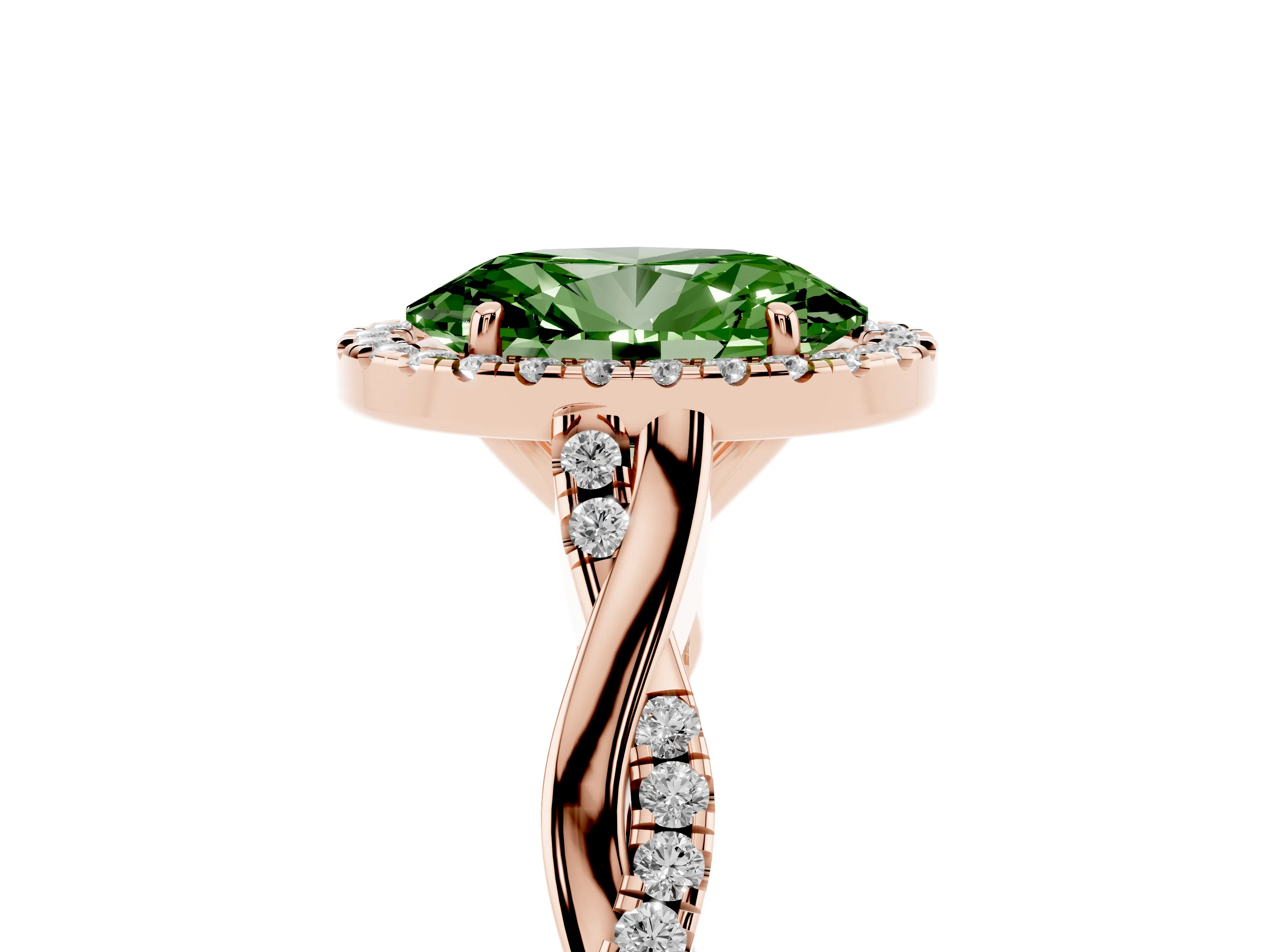 Fancy Green Oval Cut Diamond Halo Twist Band Solitaire Ring Set in Rose gold with Prong Setting