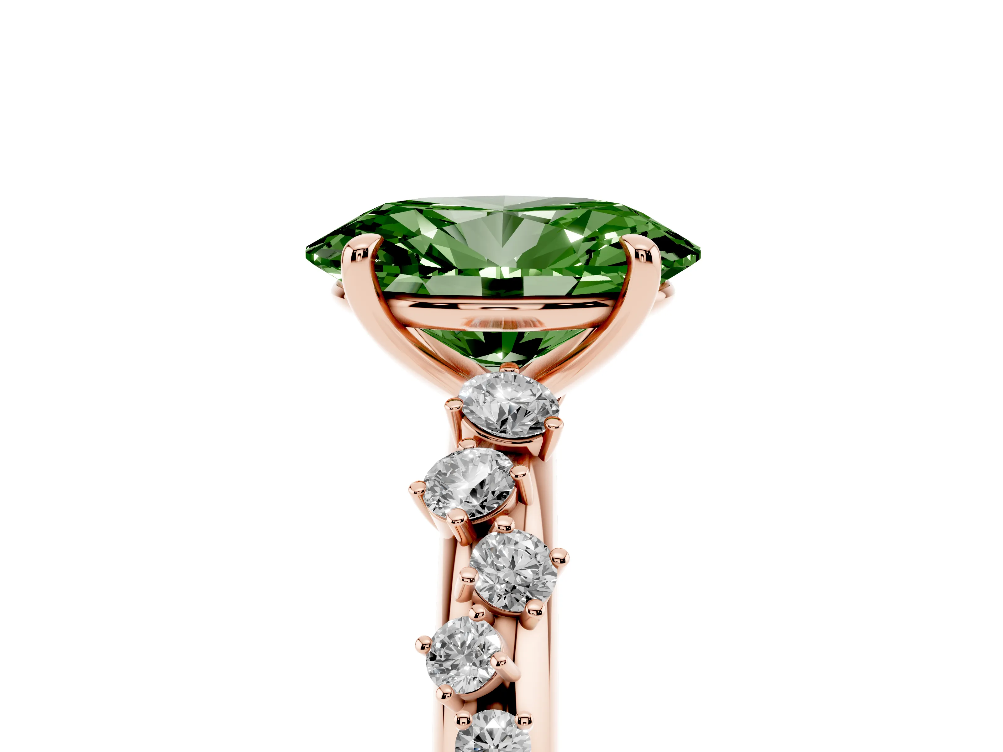 Fancy Green Oval Cut Diamond Cluster Solitaire Ring Set in Rose gold with Prong Setting