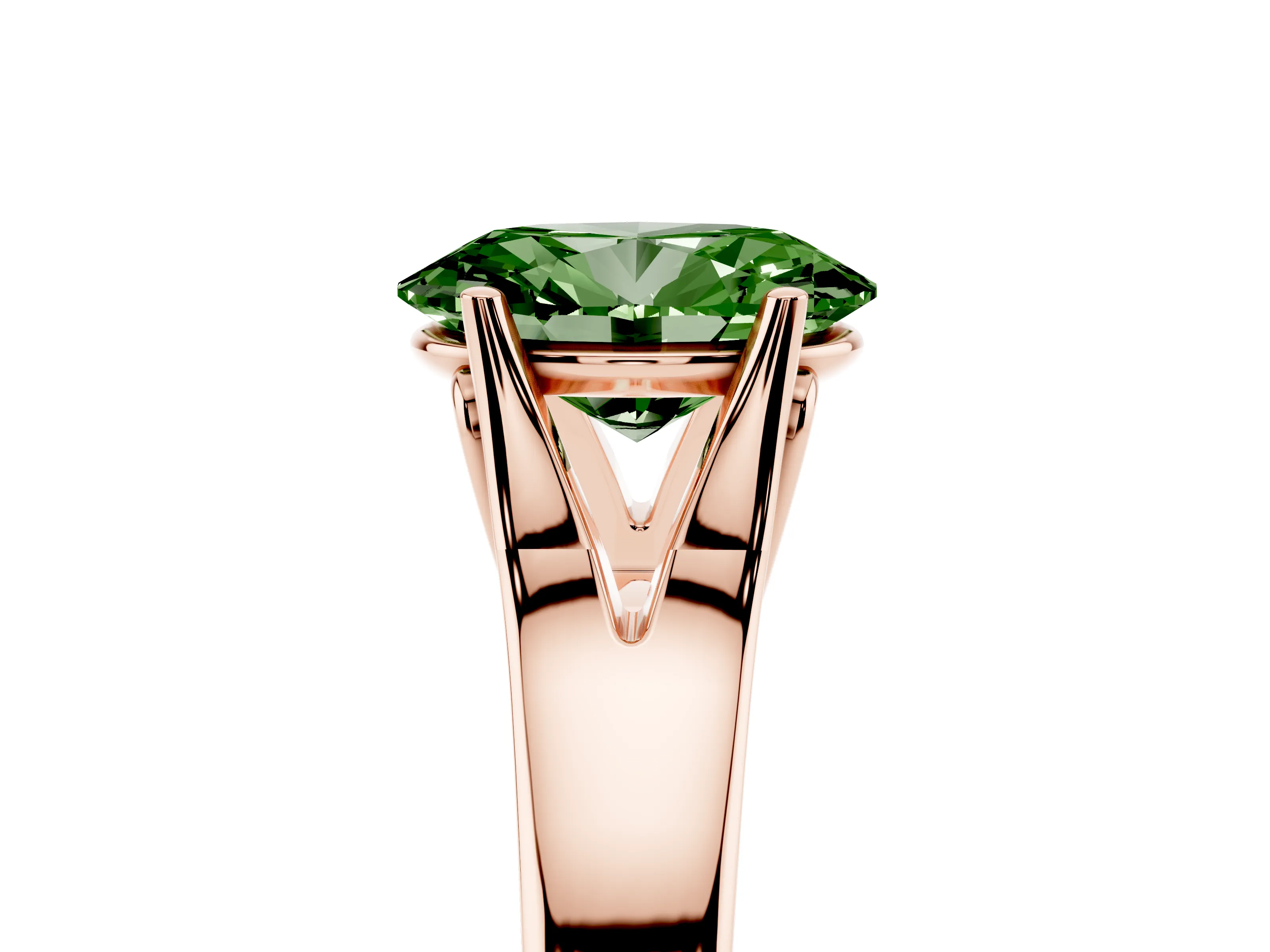Fancy Green Oval Cut Diamond Solitaire Ring Set in Rose gold with Arched Cathedral Band and Prong Setting