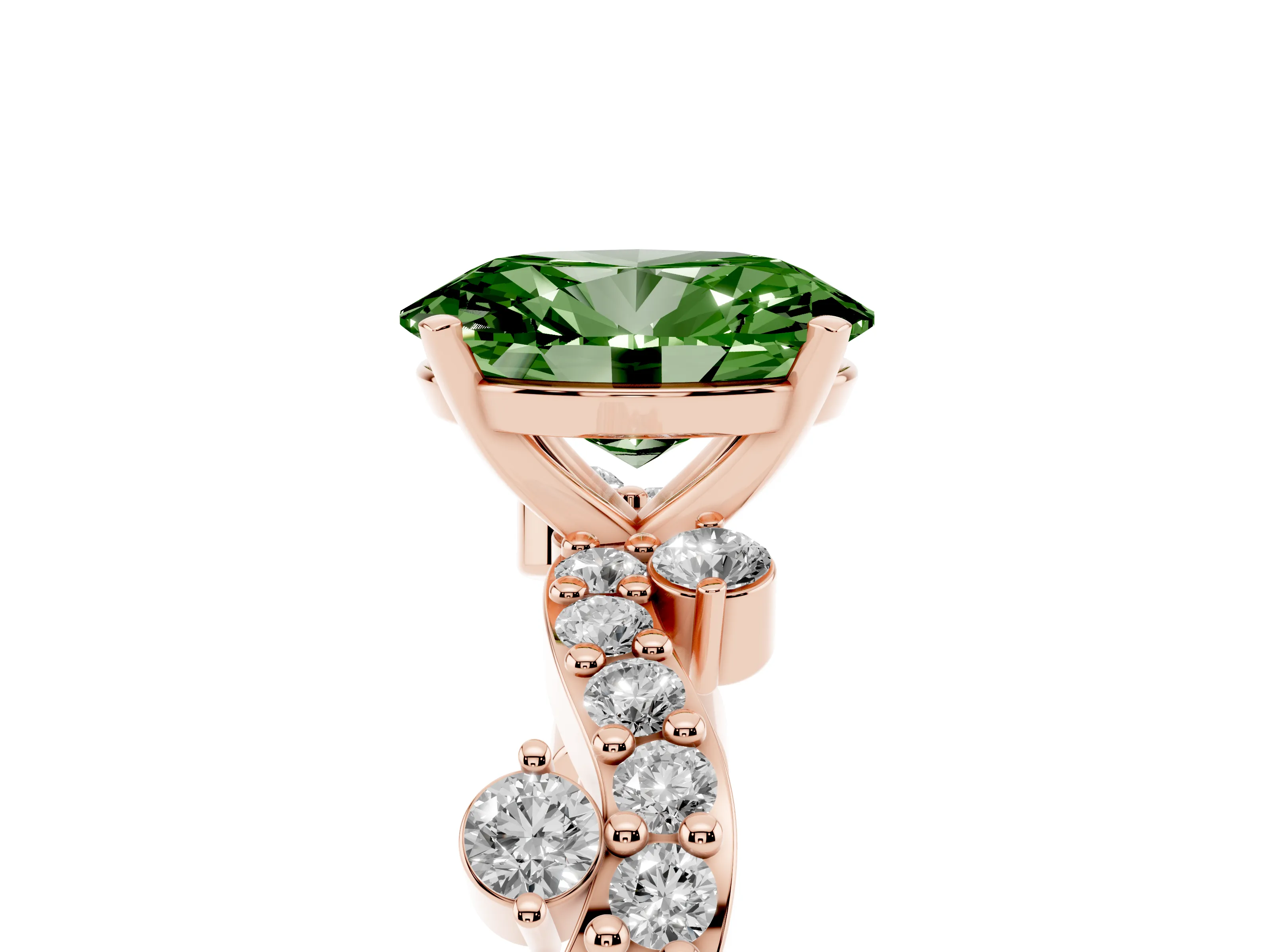 Fancy Green Oval Cut Diamond Solitaire Twisted Band Set in Rose gold with Pavé Setting