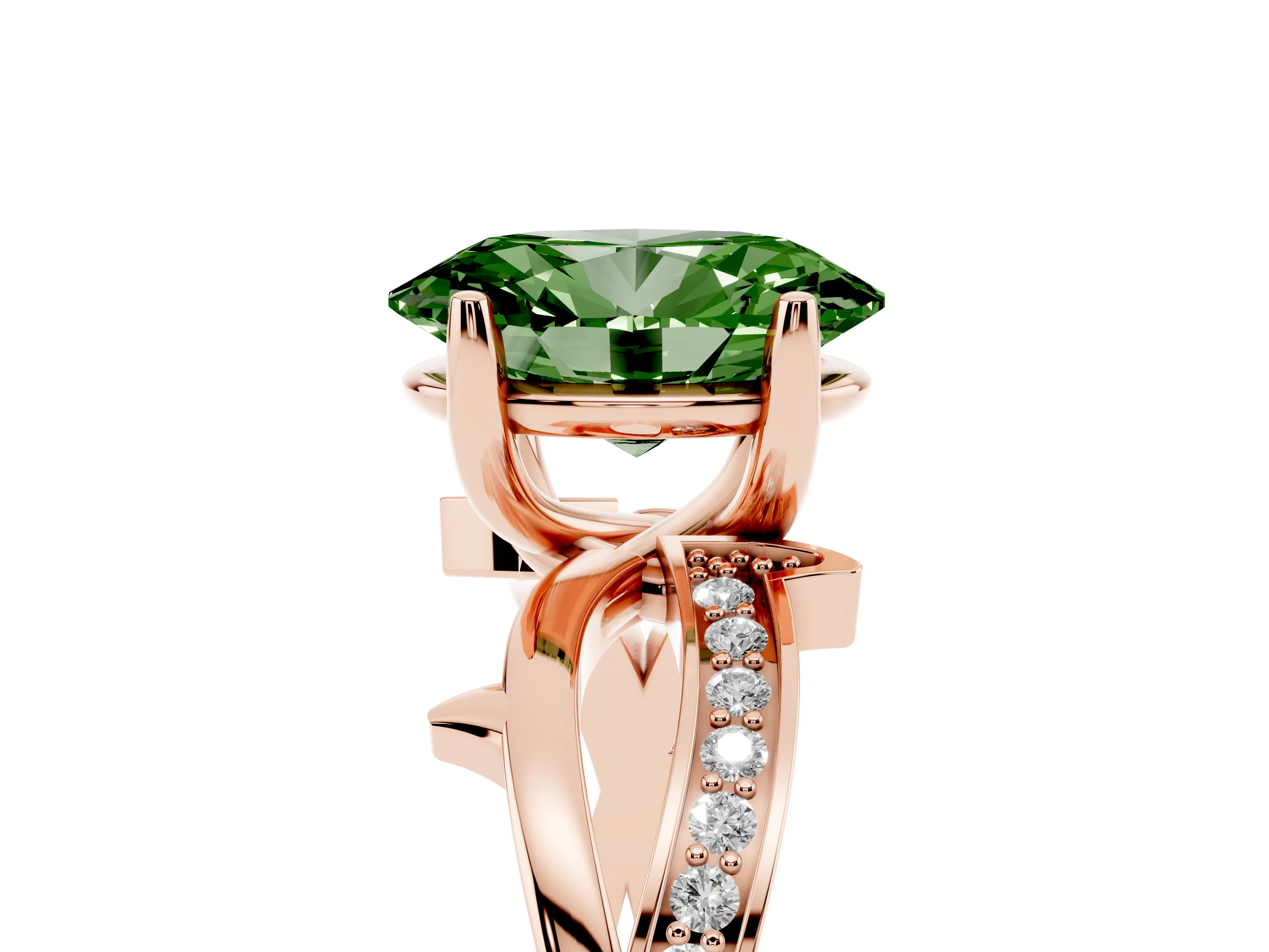 Fancy Green Oval Cut Diamond Pavé Twist Band Solitaire Ring Set in Rose gold with Prong Setting