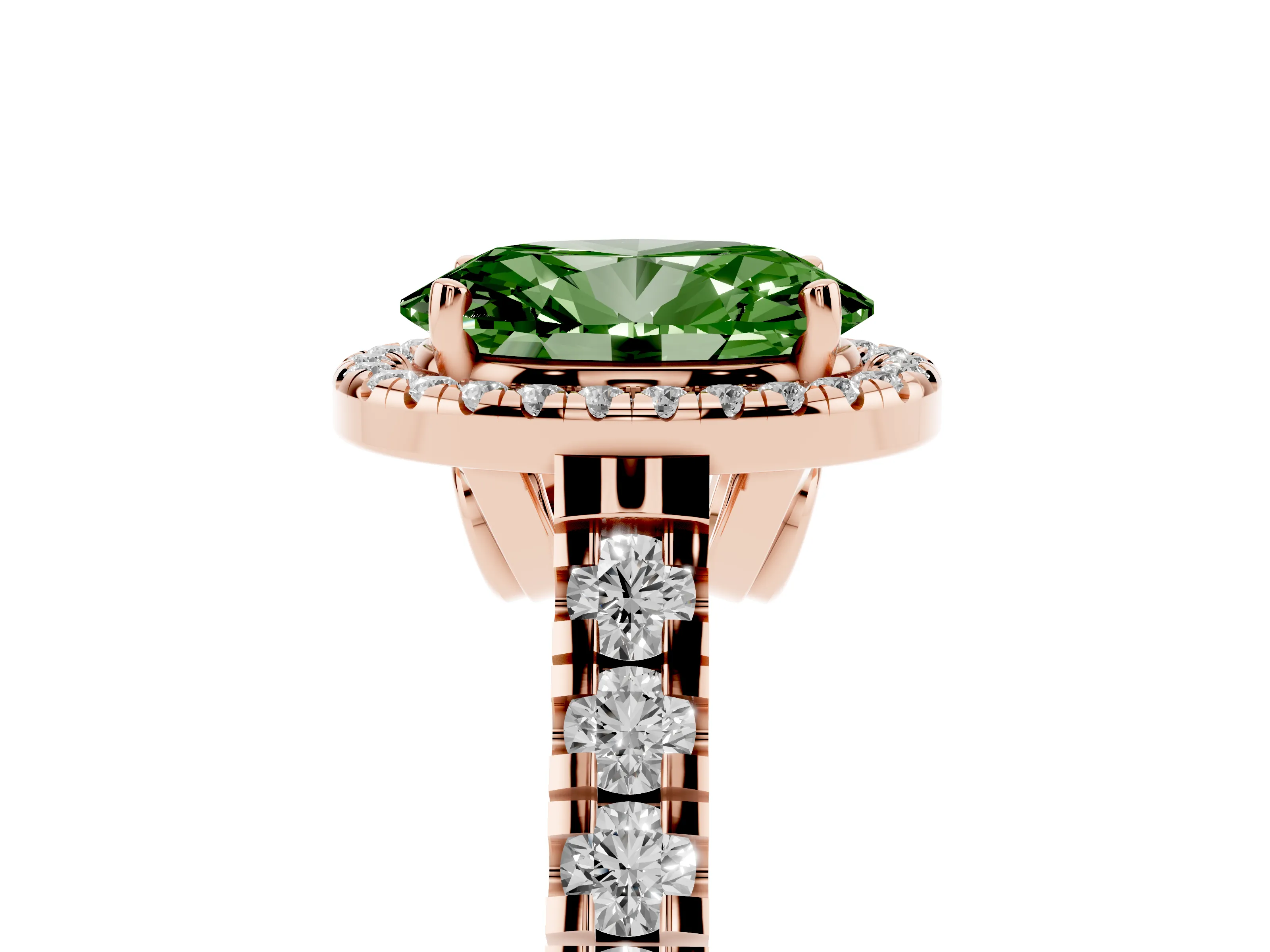 Fancy Green Oval Cut Diamond Halo Engagement Ring Set in Rose gold with Pavé Band and Prong-Set Center