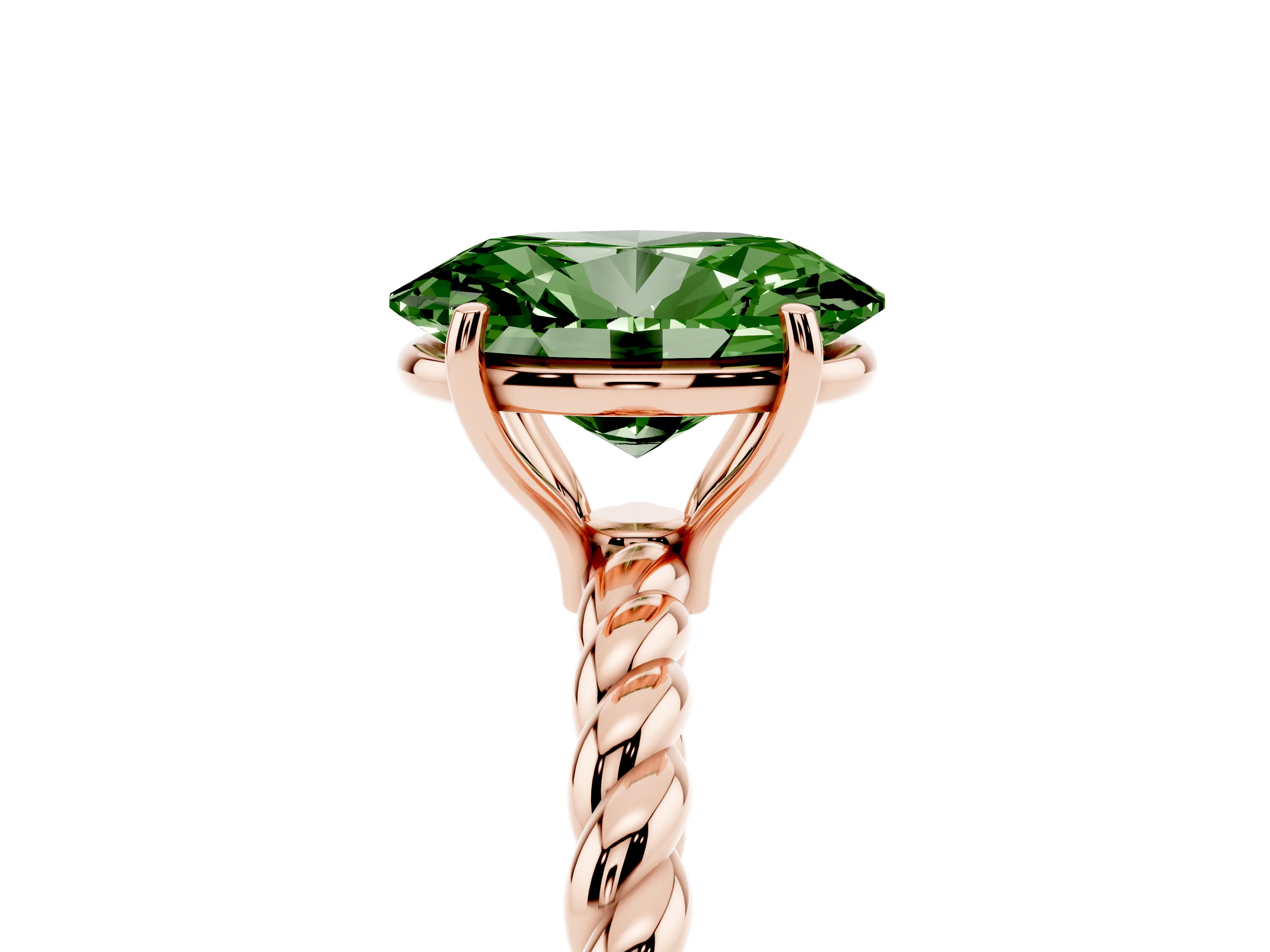 Fancy Green Oval Cut Diamond Solitaire Ring Set in Rose gold with Twist Band and Prong Setting