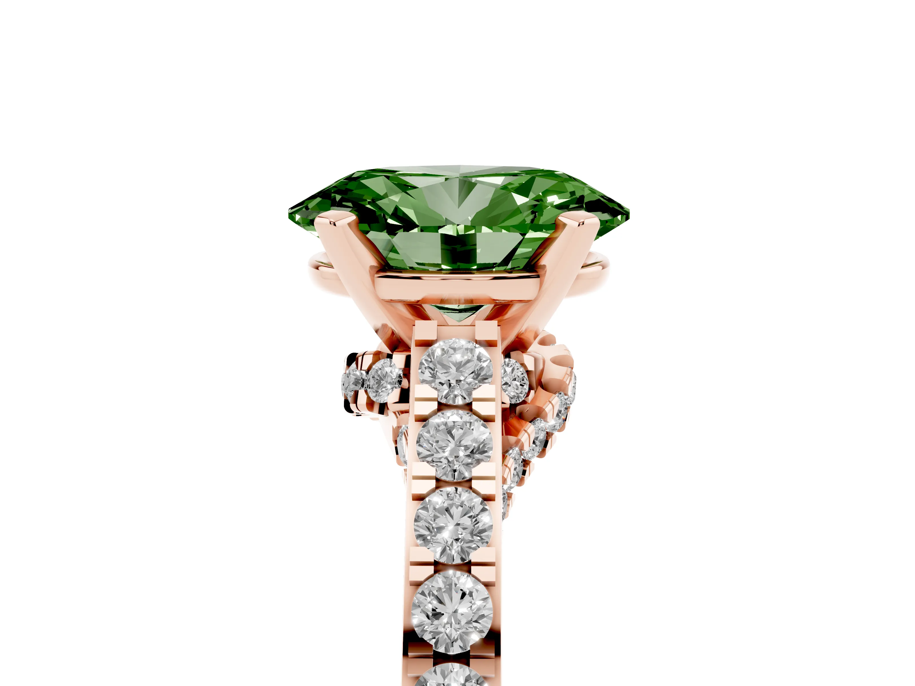 Fancy Green Oval Cut Diamond Solitaire Ring Set in Rose gold with Crossover Gallery and Round Pavé Band