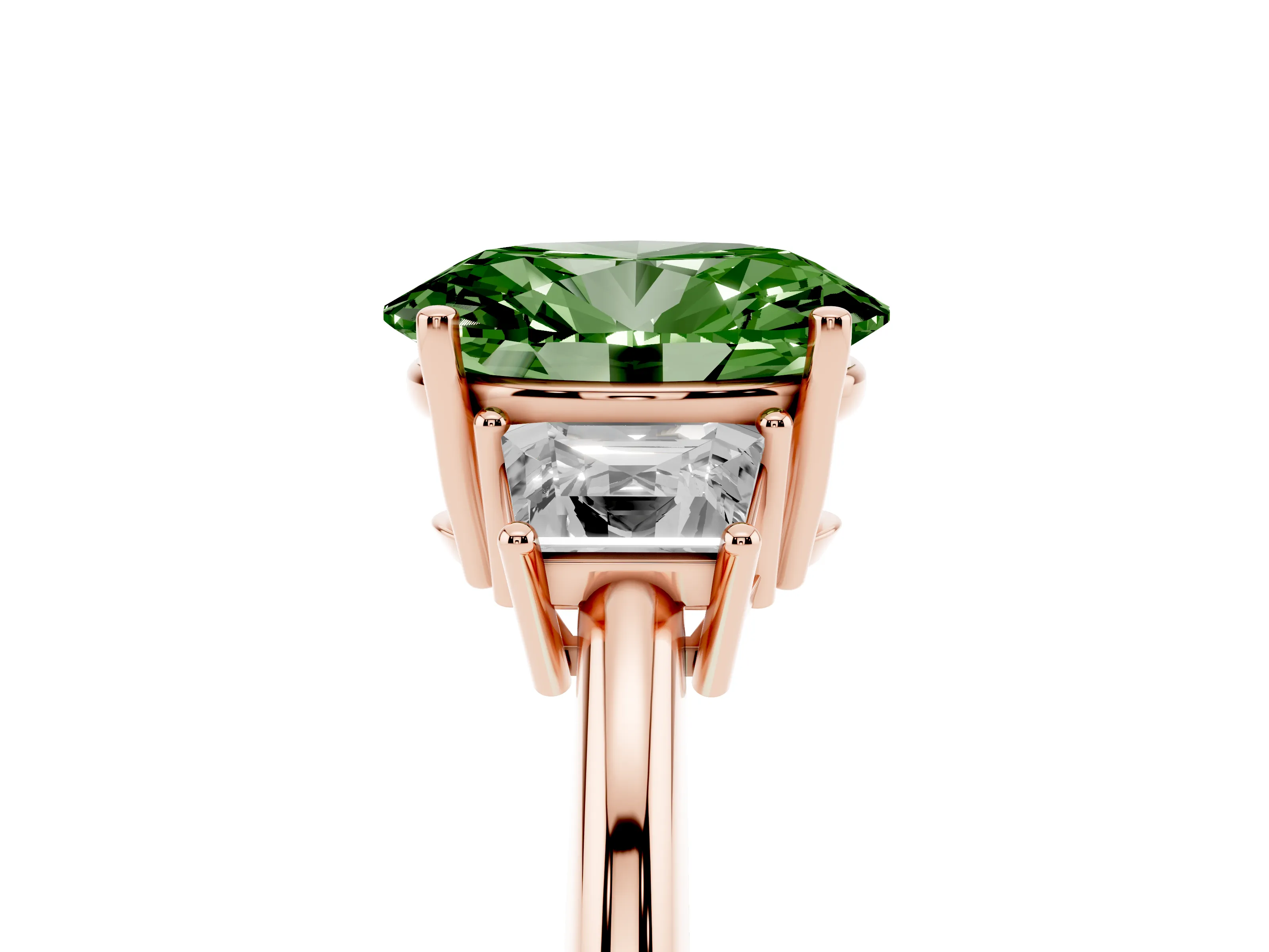 Fancy Green Oval Cut Diamond Three-Stone Ring Set in Rose gold with Trapezoid Side Stones and Prong Setting