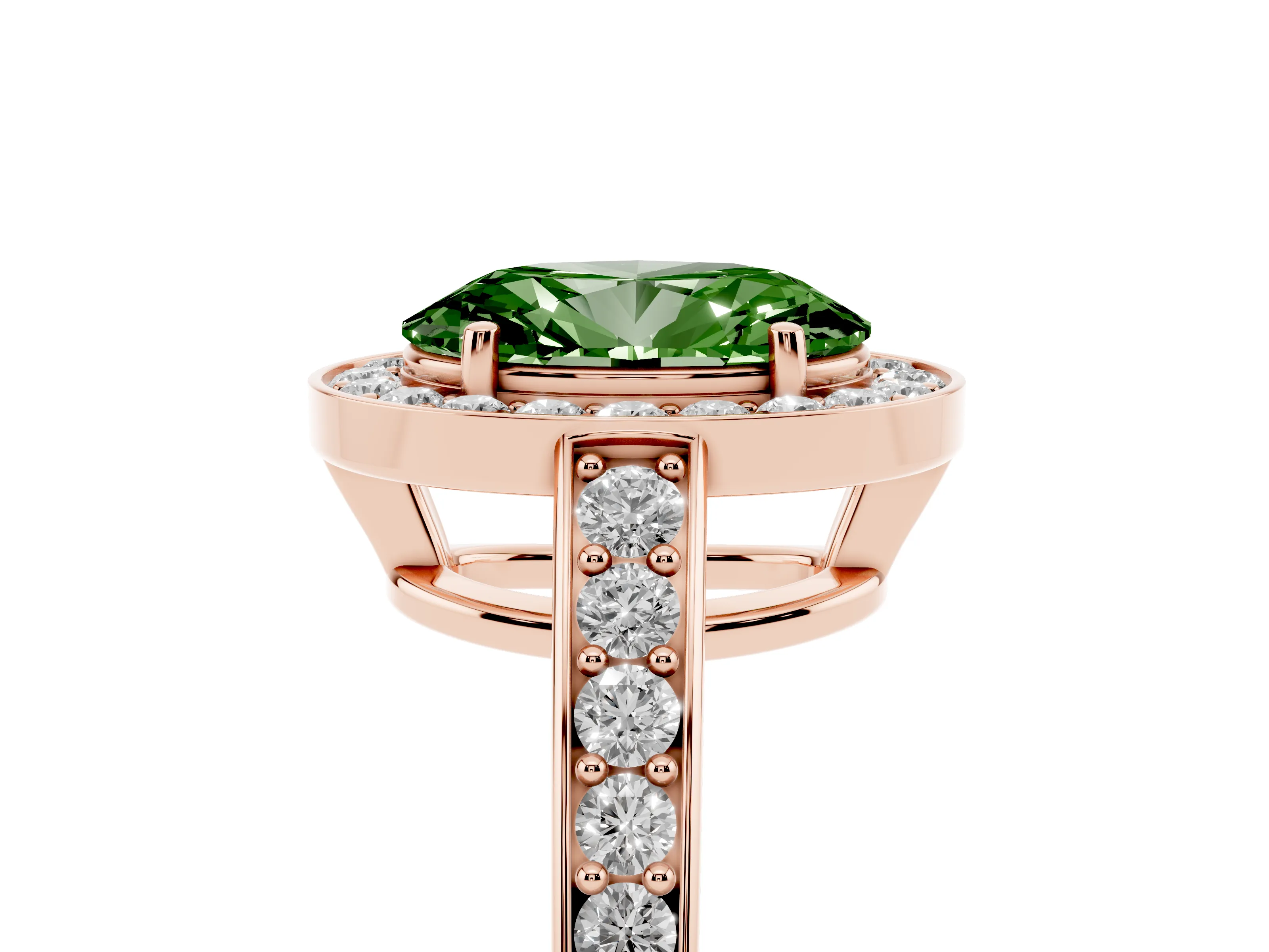 Fancy Green Oval Cut Diamond Halo Pavé Engagement Ring Set in Rose gold with Bezel Setting