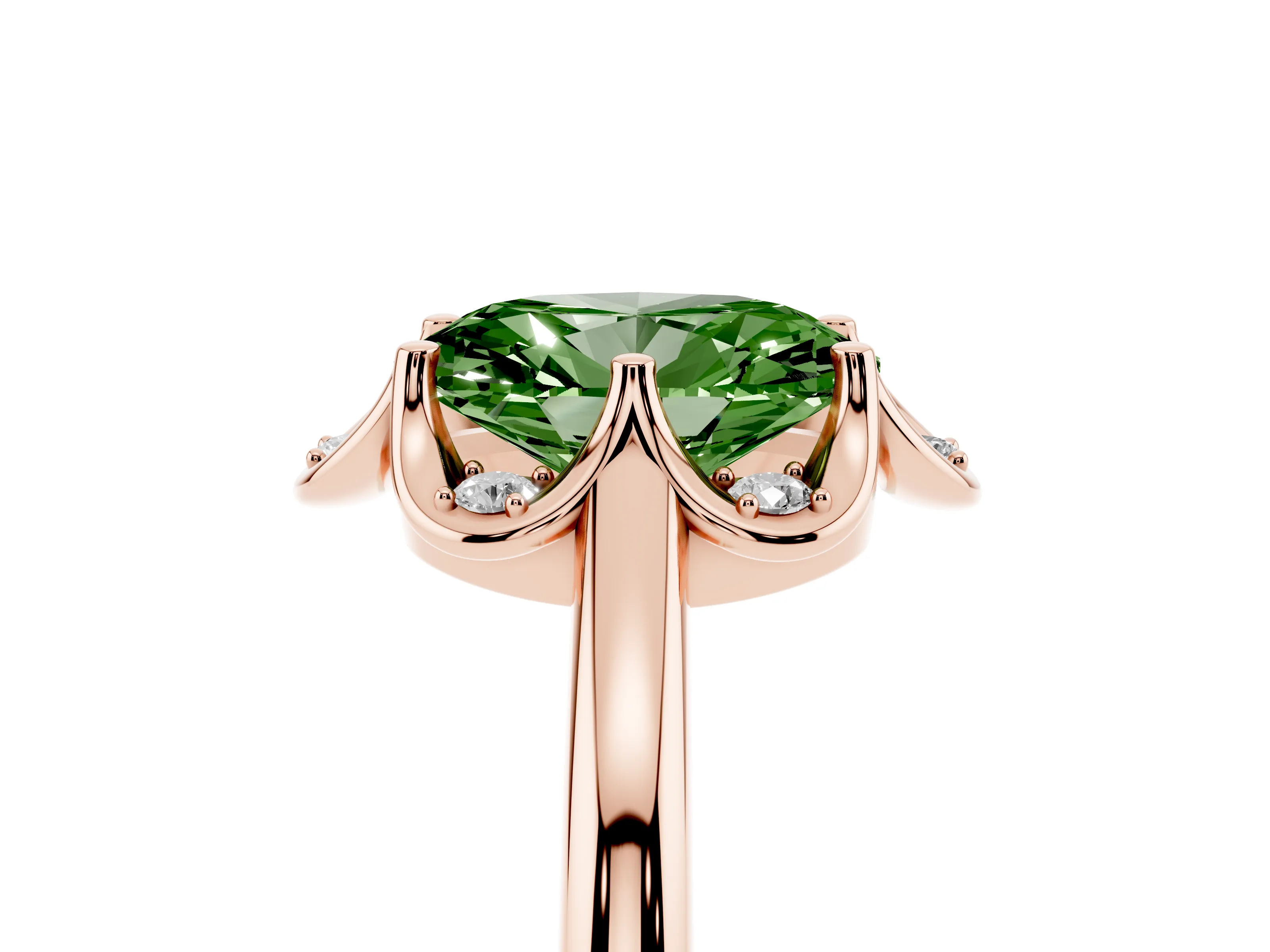 Fancy Green Oval Cut Diamond Round Cluster Halo Ring Set in Rose gold with Solitaire Band and Prong Setting
