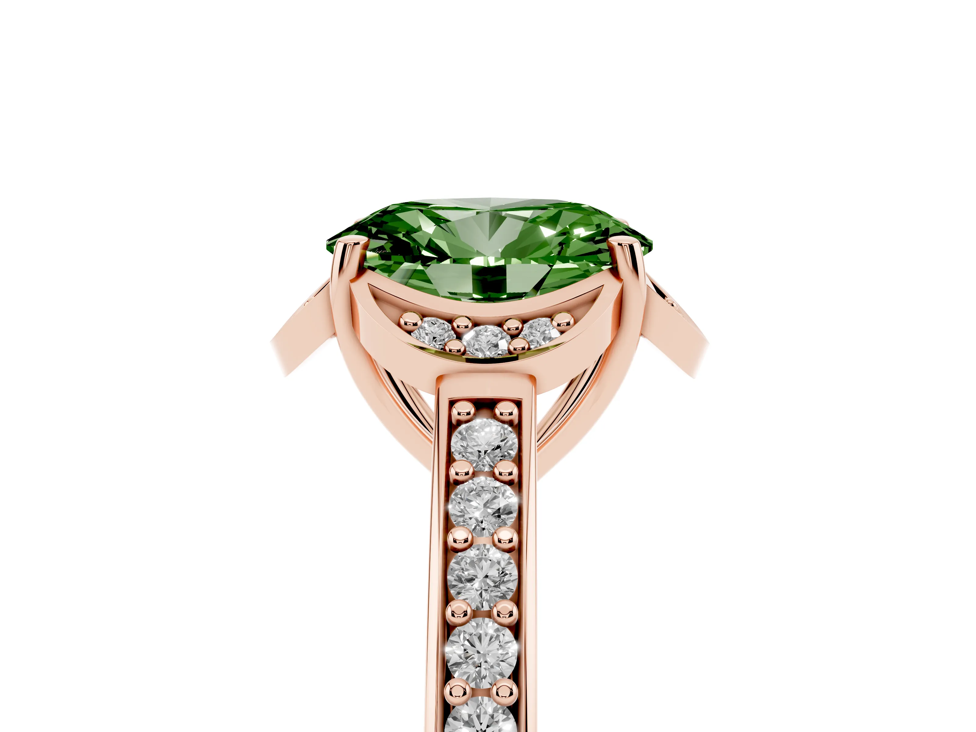 Fancy Green Oval Cut Diamond Halo Ring Set in Rose gold with Channel Set Band and Prong Setting