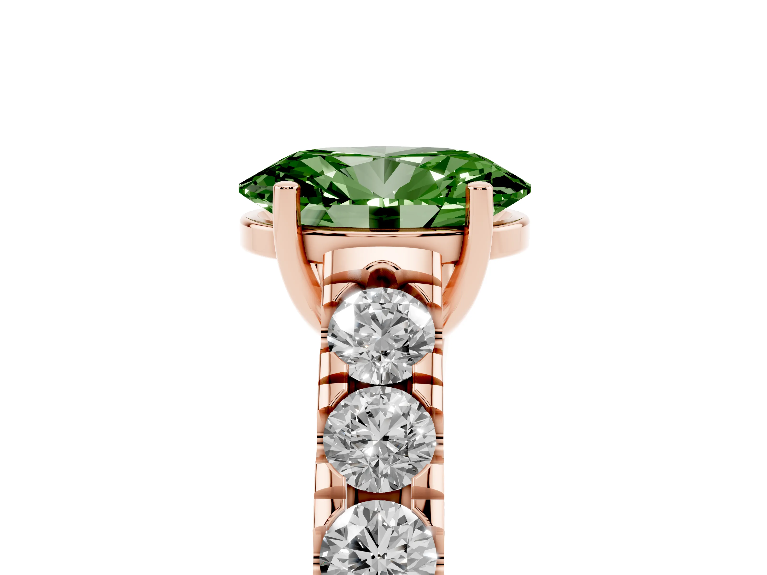 Fancy Green Oval Cut Diamond Solitaire Ring Set in Rose gold with Cut-Down Micro Pavé Band and Prong Setting