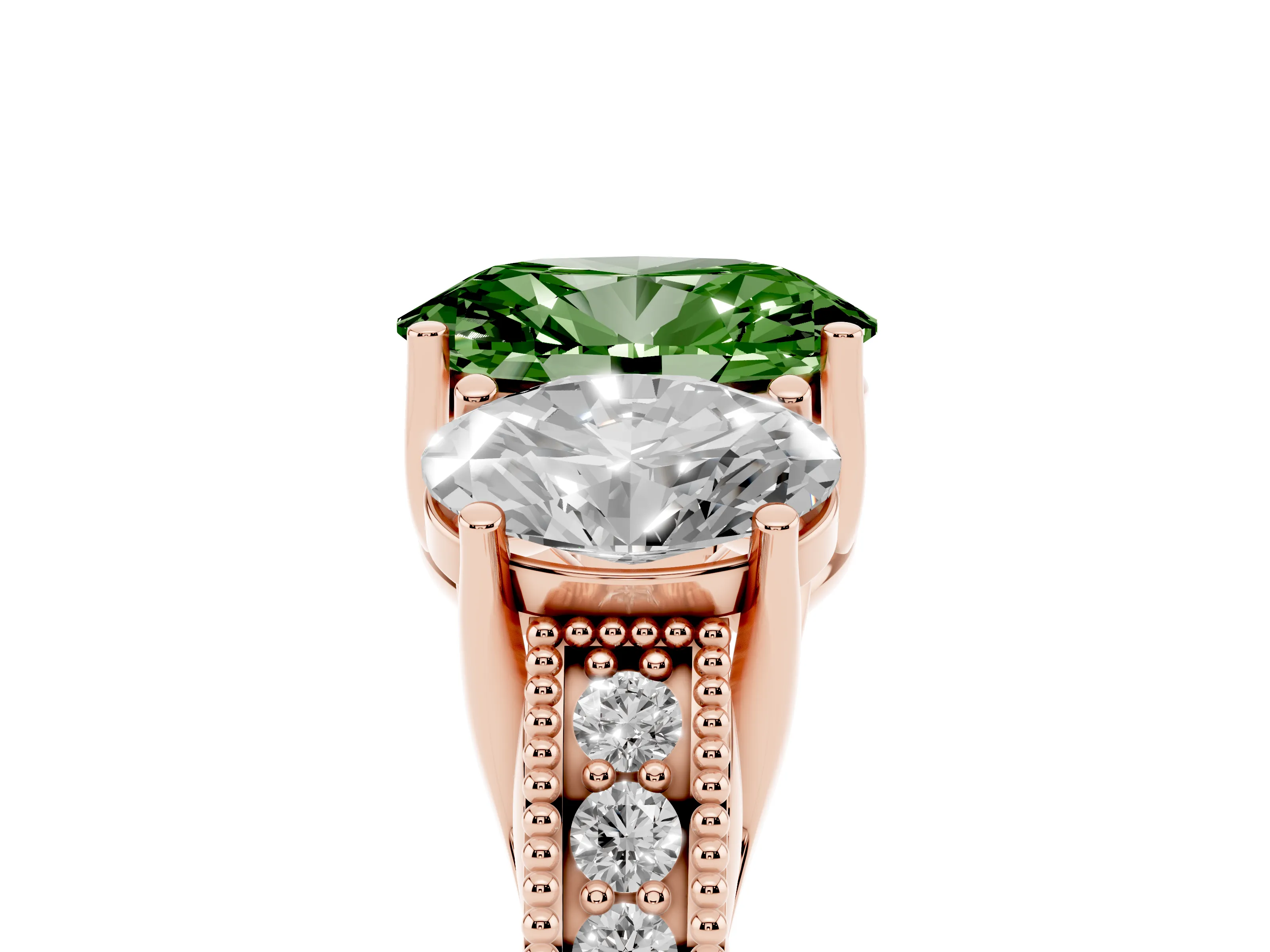 Fancy Green Oval Cut Diamond Three-Stone Engagement Ring Set in Rose gold with Milgrain Pavé Band