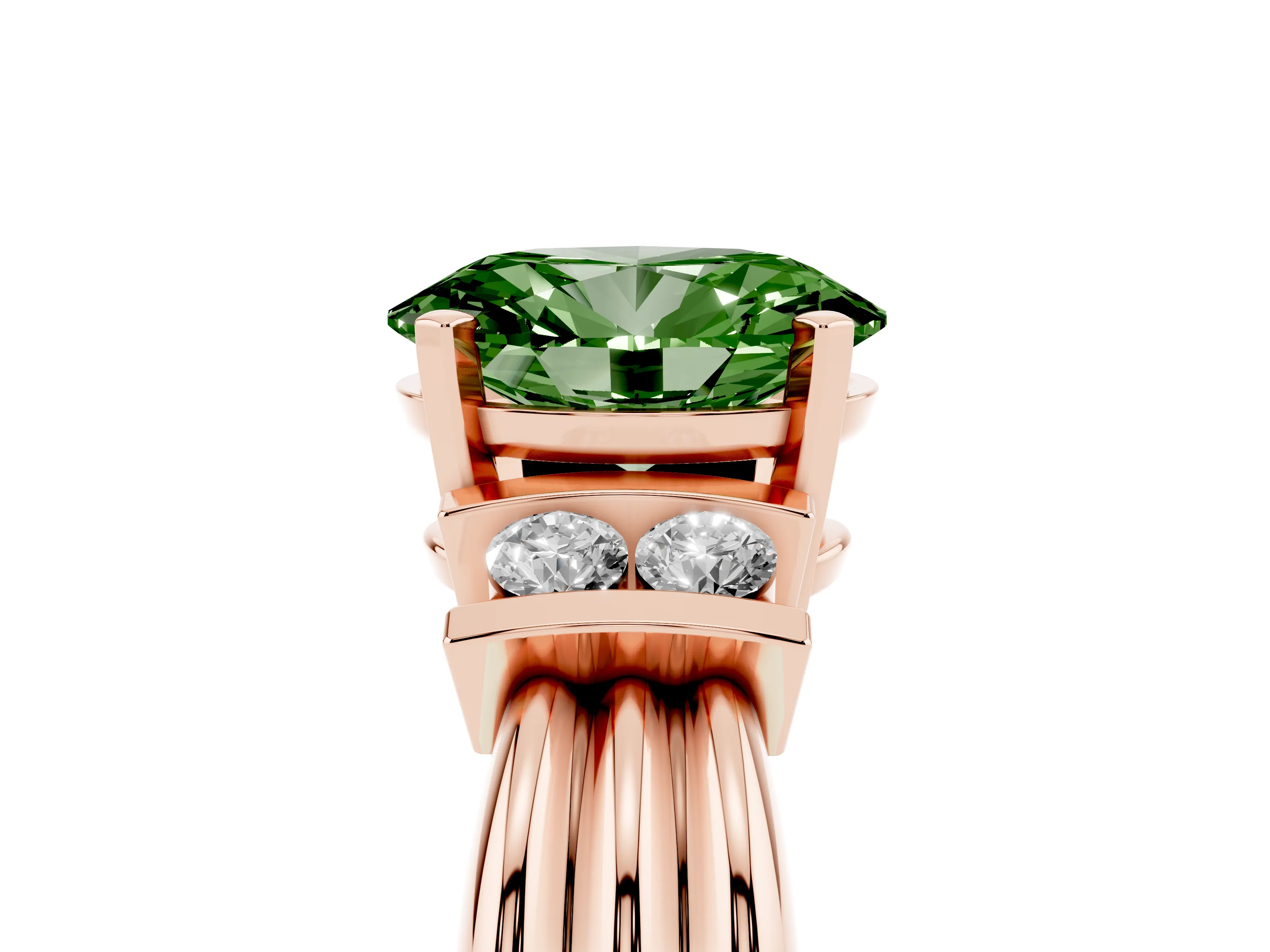 Fancy Green Three-Stone Oval Cut Diamond Channel Set Ring Set in Rose gold with Bar Prongs