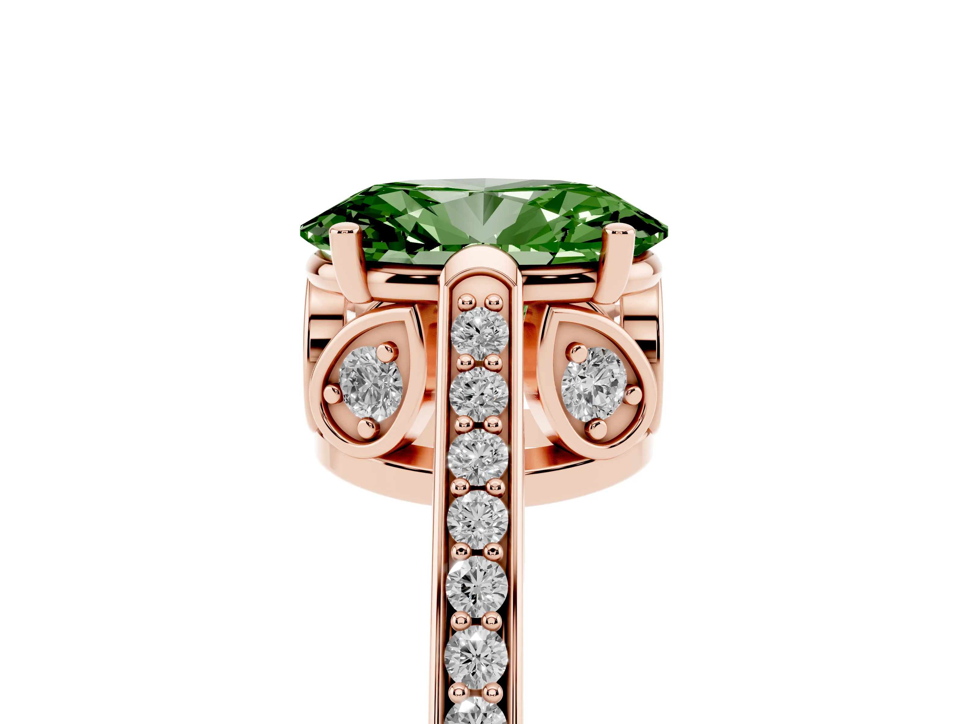 Fancy Green Oval Cut Diamond Cathedral Pavé Engagement Ring Set in Rose gold with Prong Setting