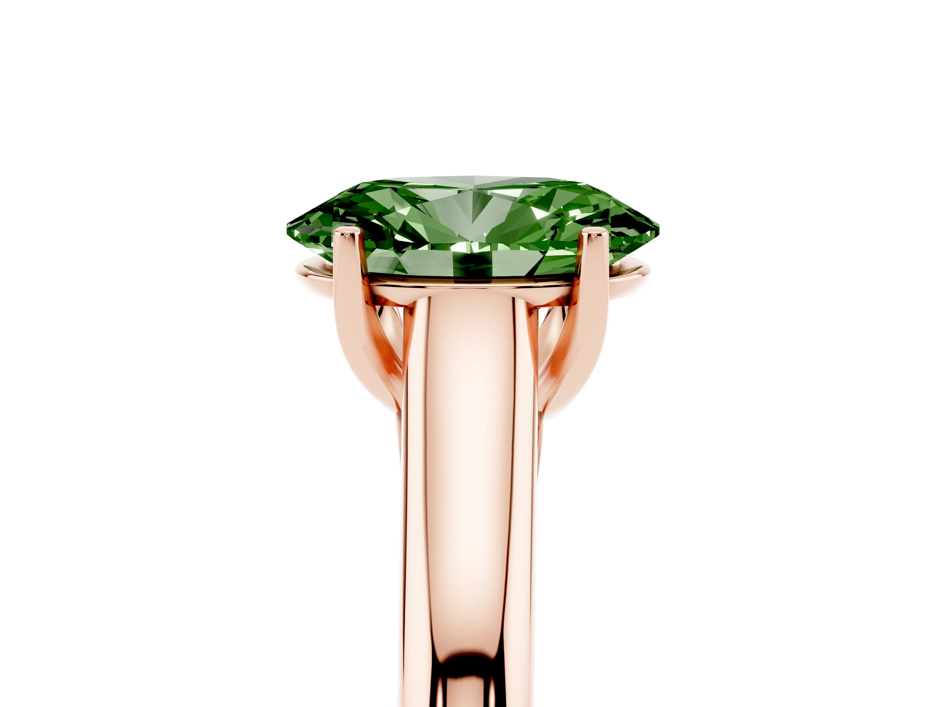 Fancy Green Oval Cut Diamond Solitaire Engagement Ring Set in Rose gold with Subtly Tapered Band and Prong Setting