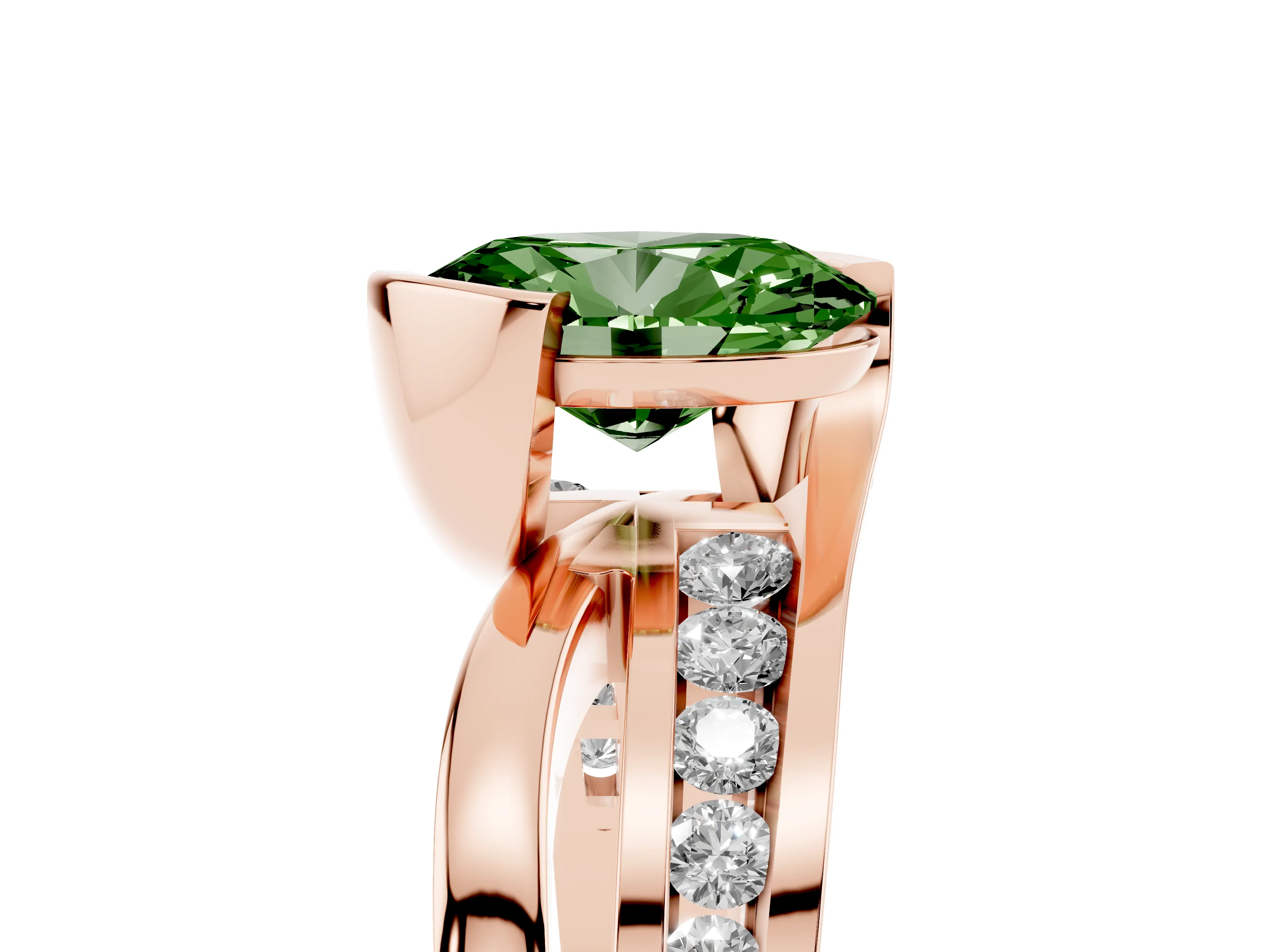 Fancy Green Oval Cut Diamond Solitaire Ring Set in Rose gold with Channel Set Split Shank and Tension Prongs