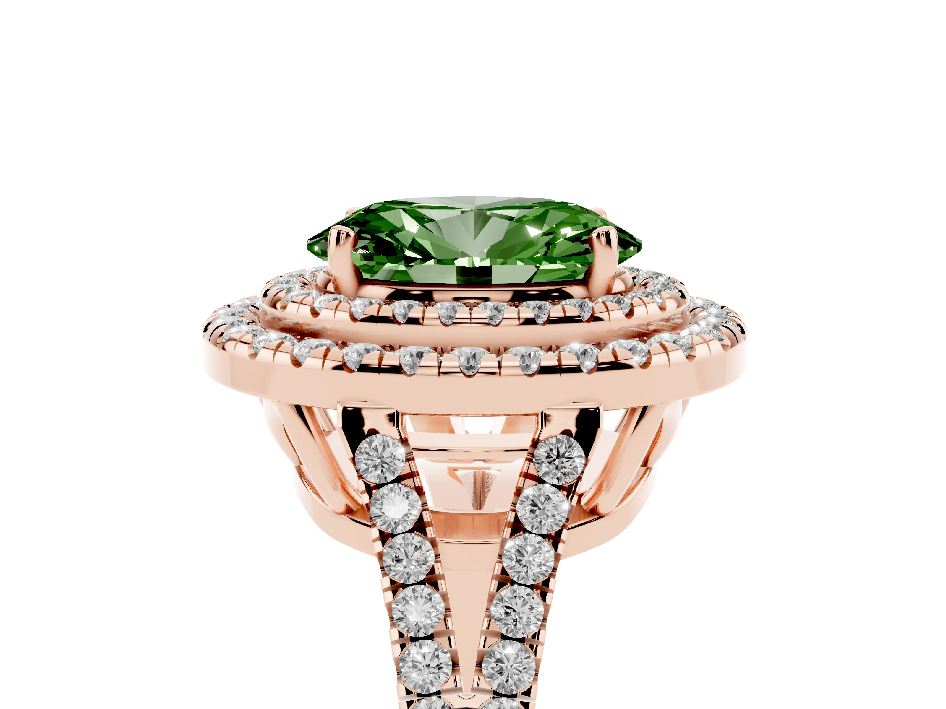Fancy Green Oval Cut Diamond Double Halo Ring Set in Rose gold with Pavé Band