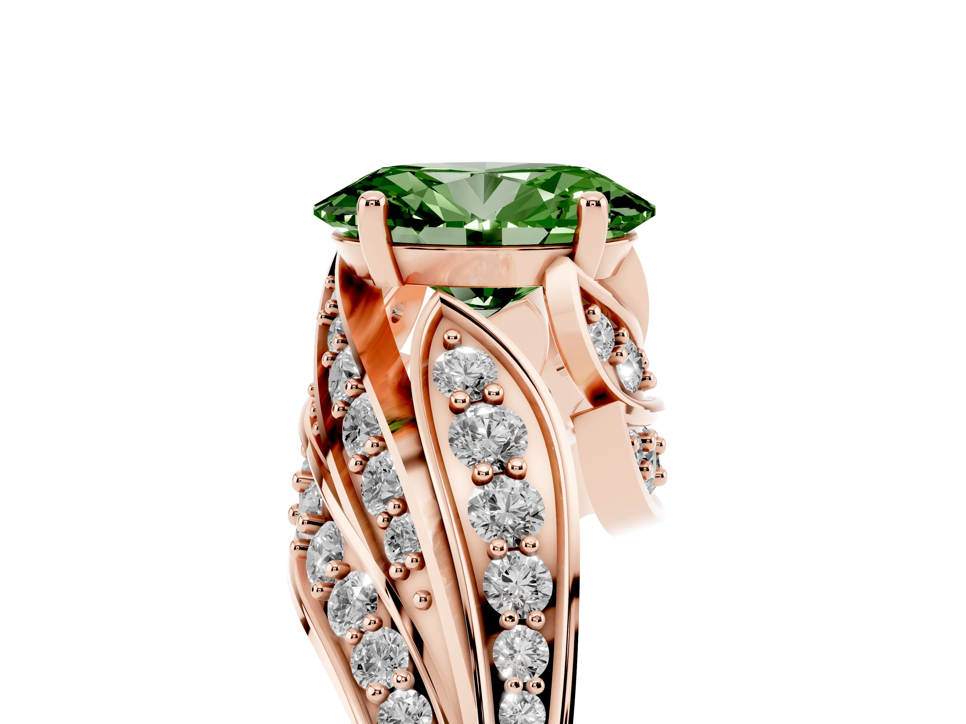 Fancy Green Oval Cut Diamond Solitaire Ring Set in Rose gold with Layered Twist Pavé Band