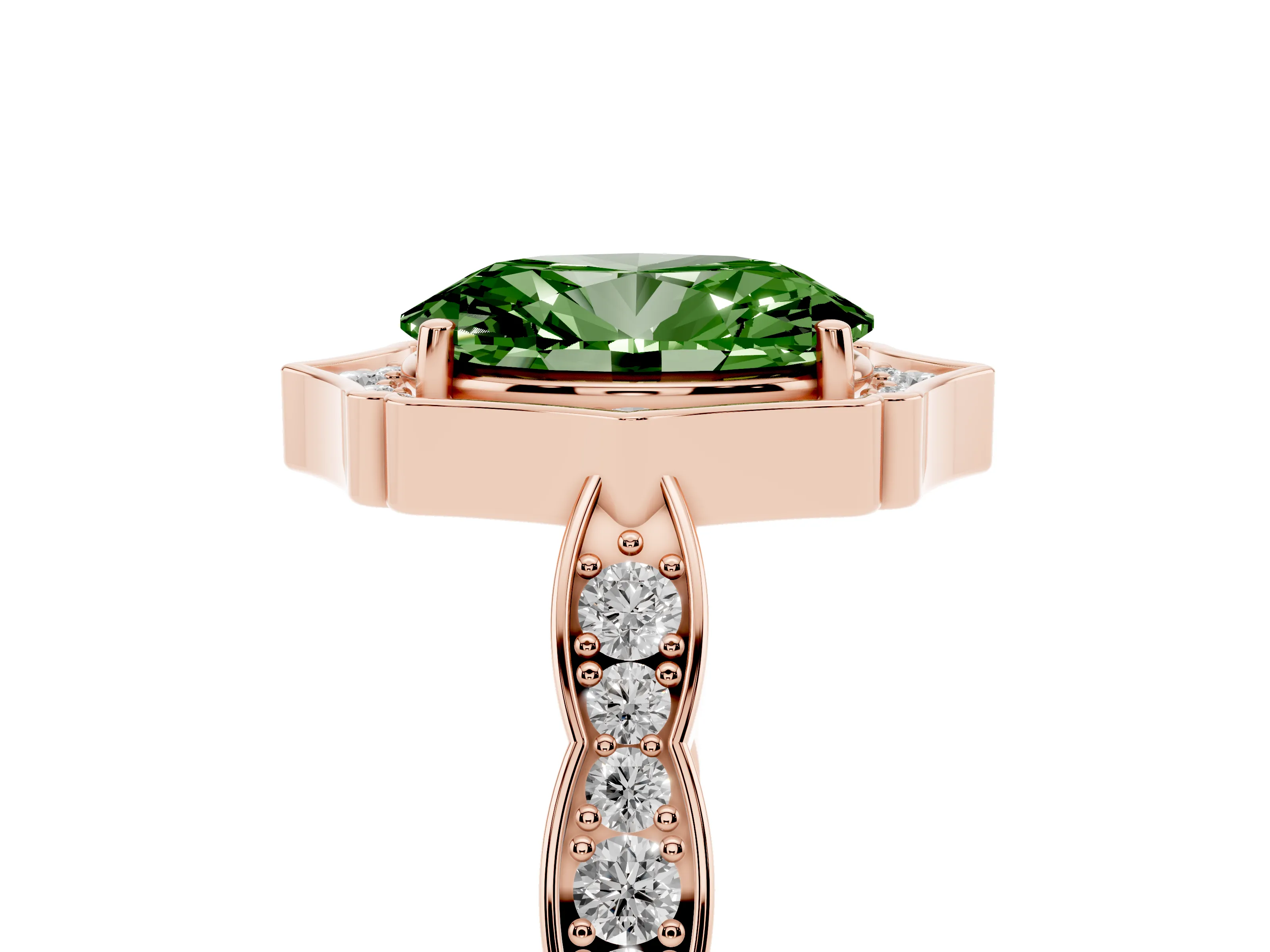Fancy Green Oval Cut Diamond Halo Engagement Ring Set in Rose gold with Milgrain Band and Prong Setting