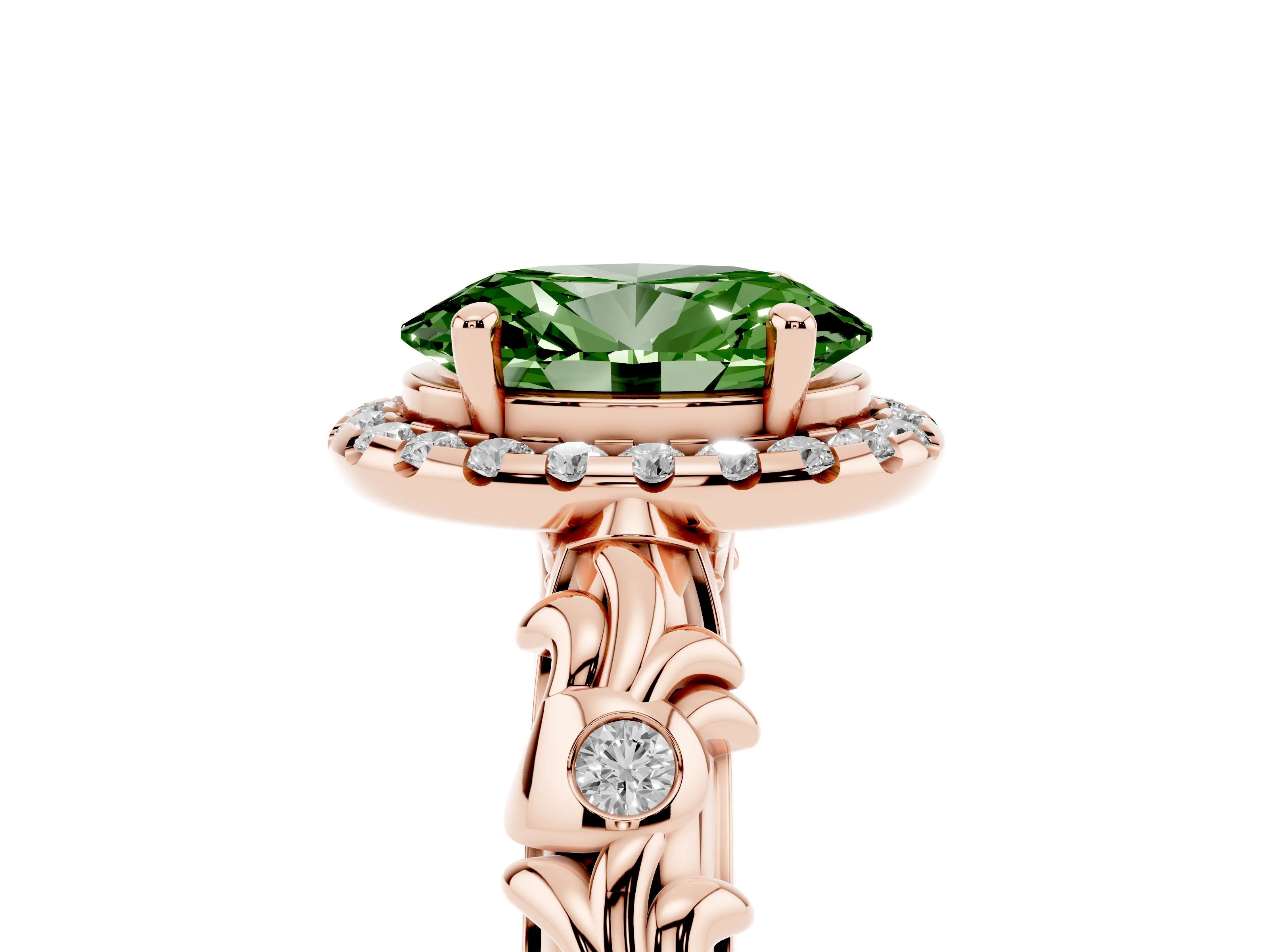 Fancy Green Oval Cut Diamond Halo Ring Set in Rose gold with Filigree Leaf Band and Prong Setting
