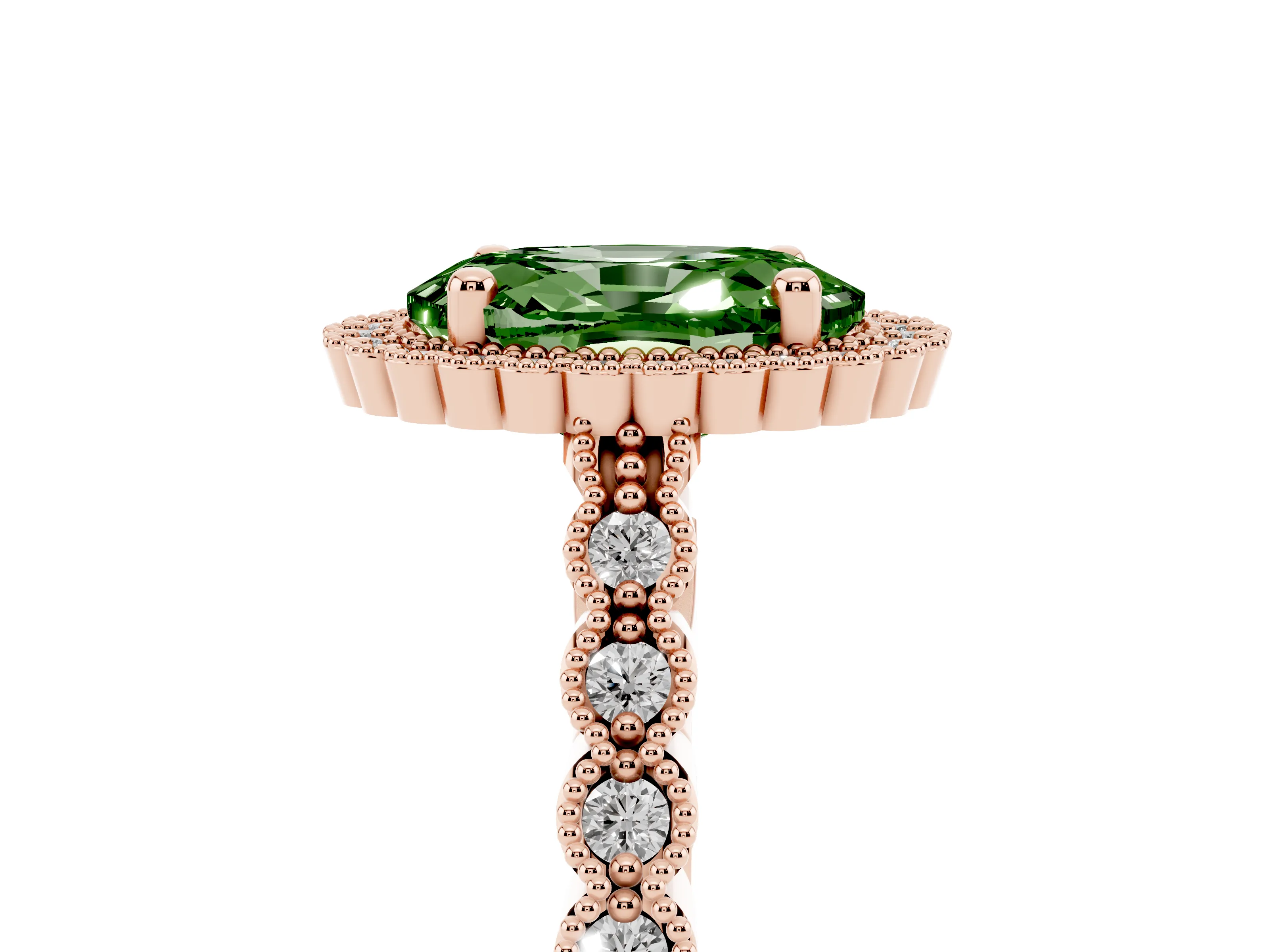 Fancy Green Oval Cut Diamond Halo Ring Set in Rose gold with Pavé Milgrain Band