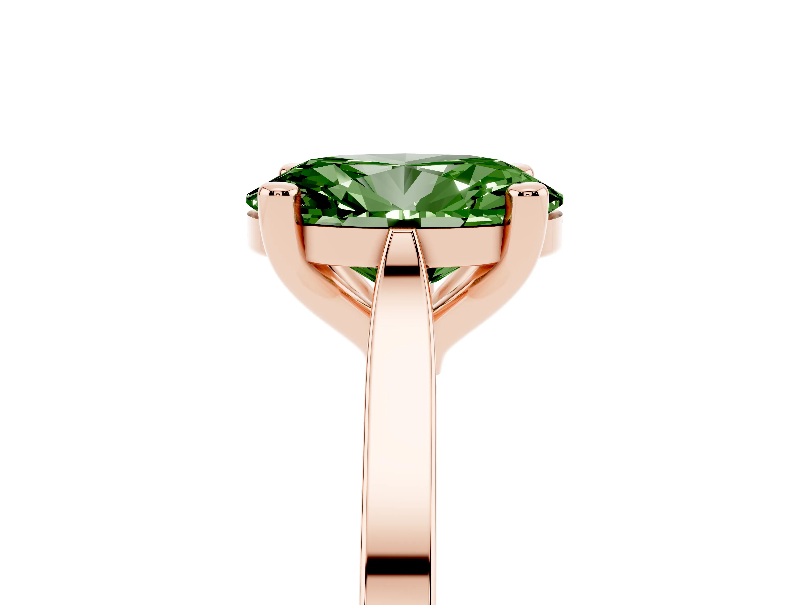 Fancy Green Oval Cut Diamond Solitaire Ring Set in Rose gold with Prong Setting and Tapered Band