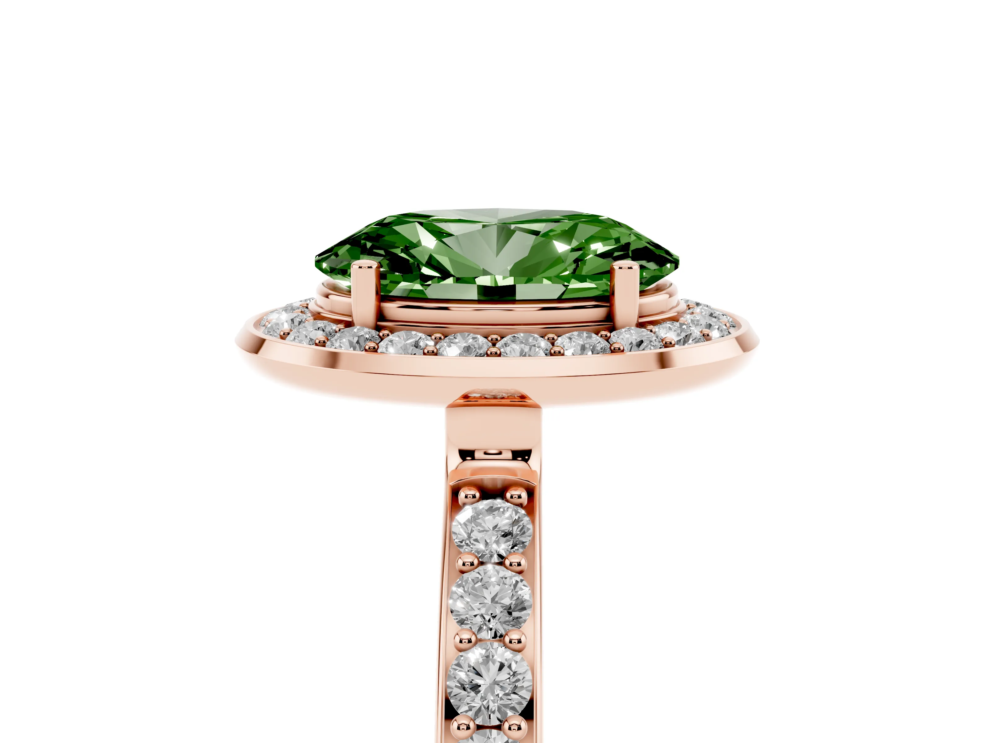 Fancy Green Oval Cut Diamond Halo Ring Set in Rose gold with Bezel Frame and Pavé Band